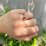 Estate Radiant Diamond & Ruby Three Stone 18K Gold Ring