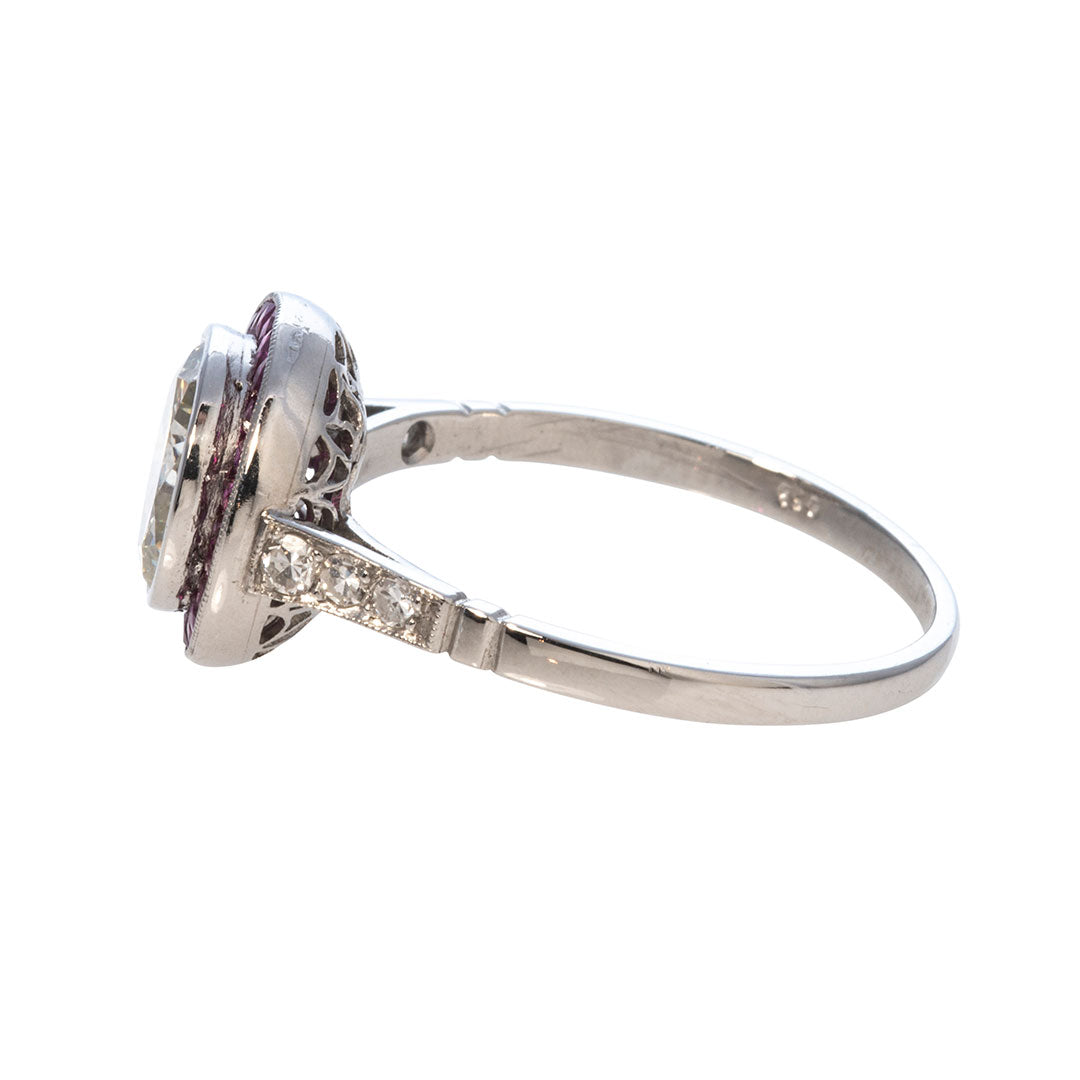 Art Deco 1.88ct Round Brilliant Diamond & Ruby Platinum Ring
