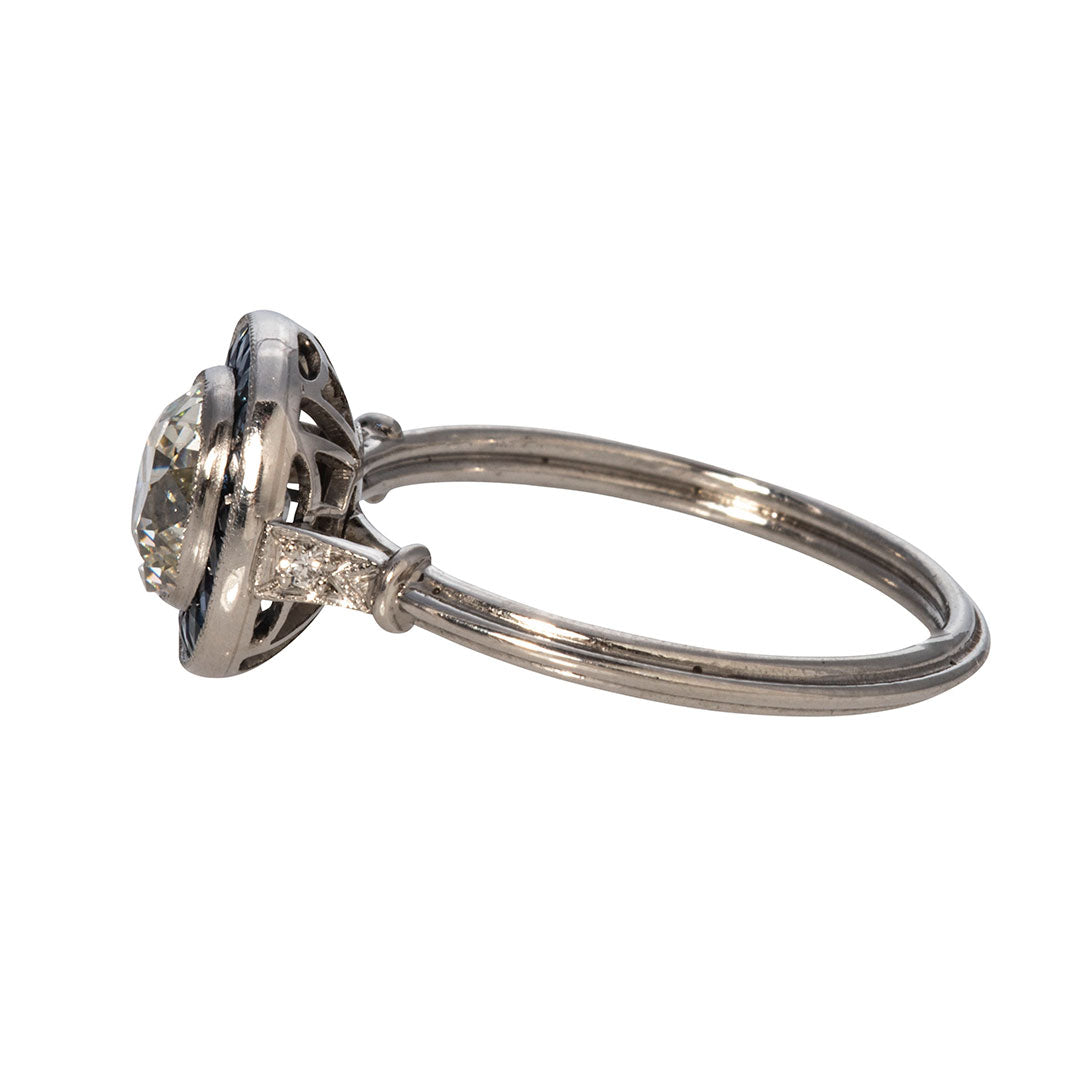 Art Deco 1ct Old European Diamond & Sapphire Platinum Ring