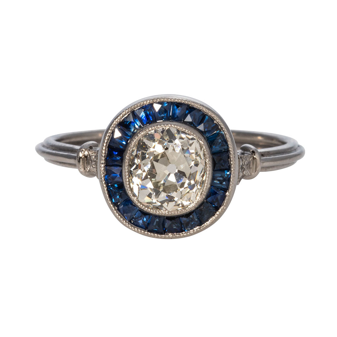 Art Deco 1ct Old European Diamond & Sapphire Platinum Ring