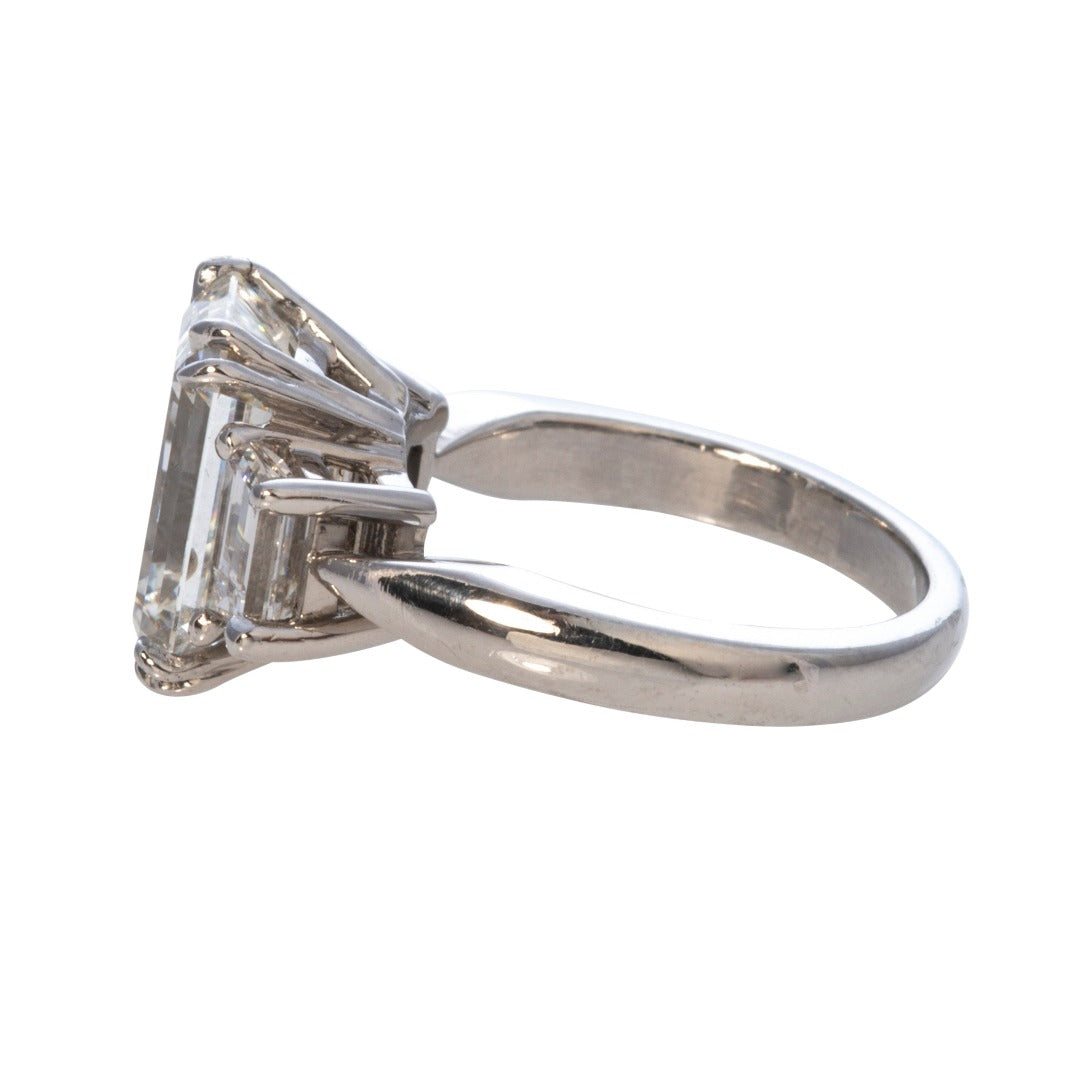Estate Emerald Cut & Trapezoid Diamond Three Stone Platinum Ring
