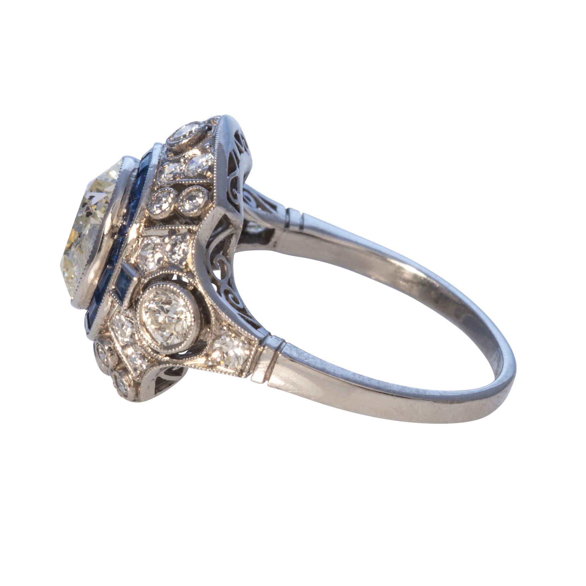 Art Deco 2ct Old Mine Cut Diamond & Sapphire Platinum Ring