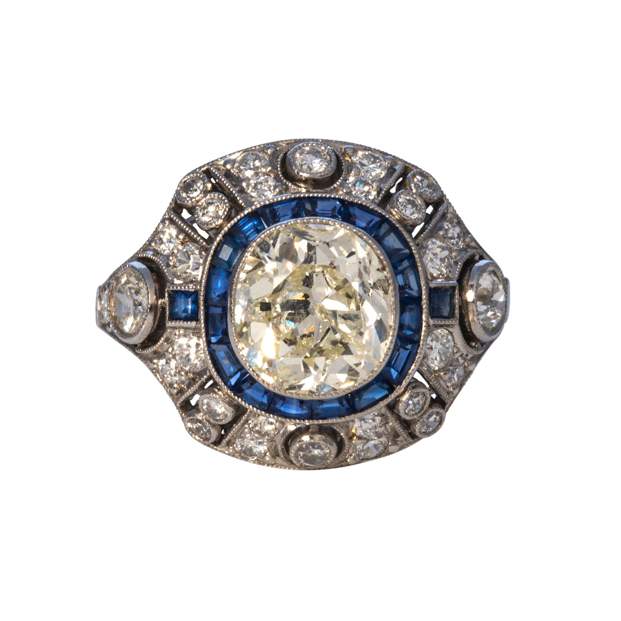 Art Deco 2ct Old Mine Cut Diamond & Sapphire Platinum Ring