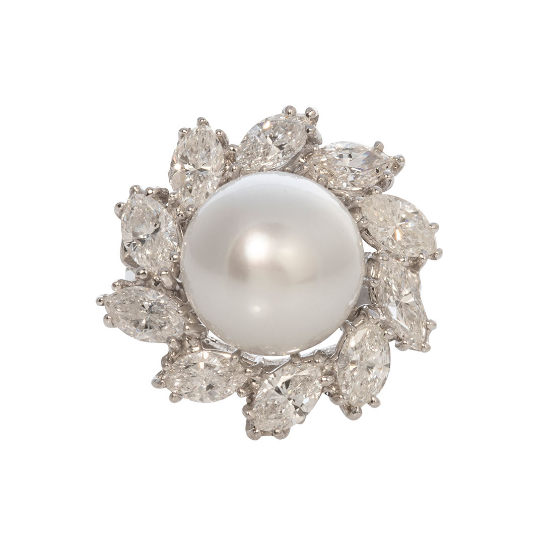Estate South Sea Pearl & Marquise Diamond 18K Gold Ring