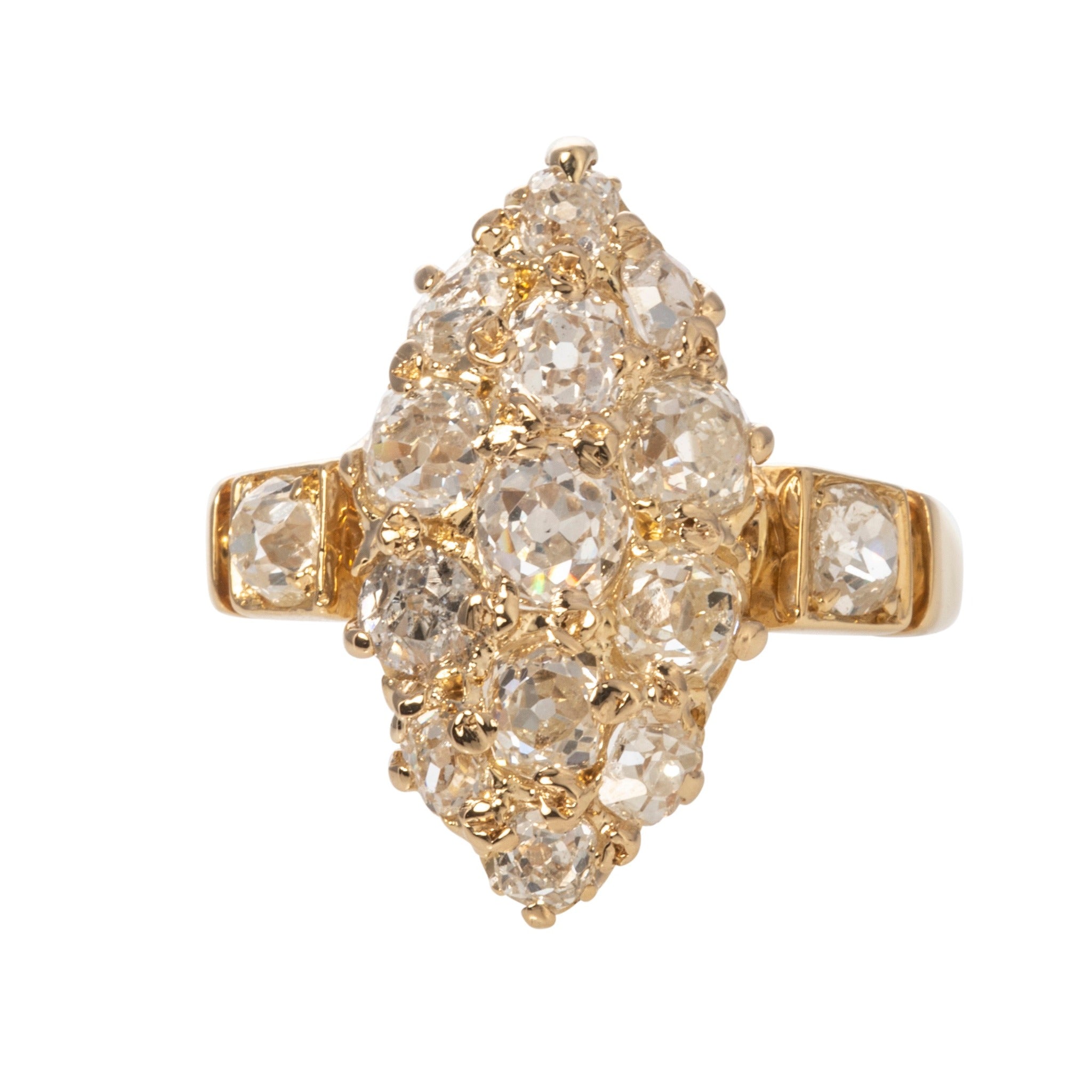 Victorian 2ct Old Mine Cut Diamond Navette Cluster 18K Gold Ring