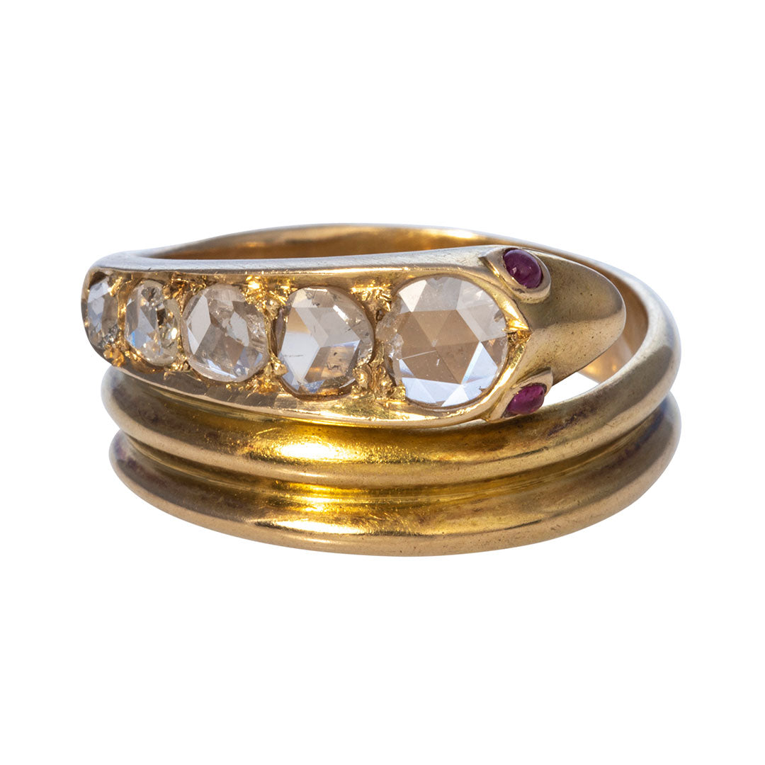 Victorian Rose Cut Diamond & Ruby 14K Gold Snake Ring