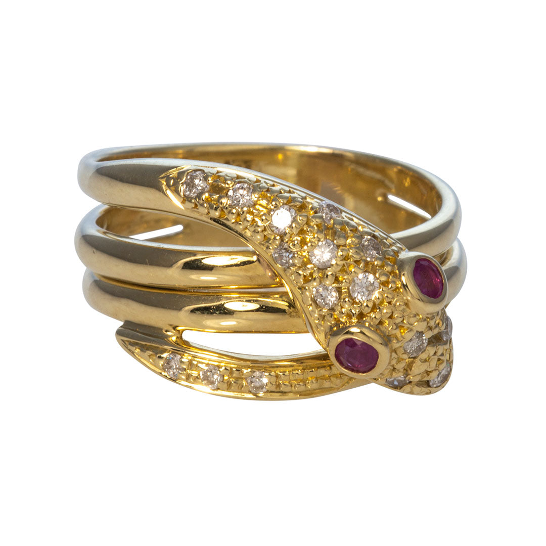 Estate Diamond Pavé & Ruby 18K Yellow Gold Snake Ring