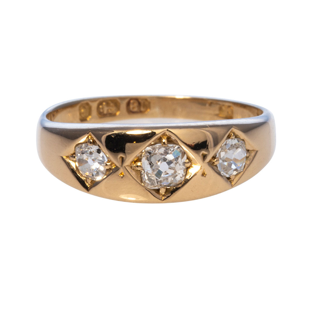 Victorian Old Mine Cut Diamond Three Stone 18K Gold Gypsy Ring