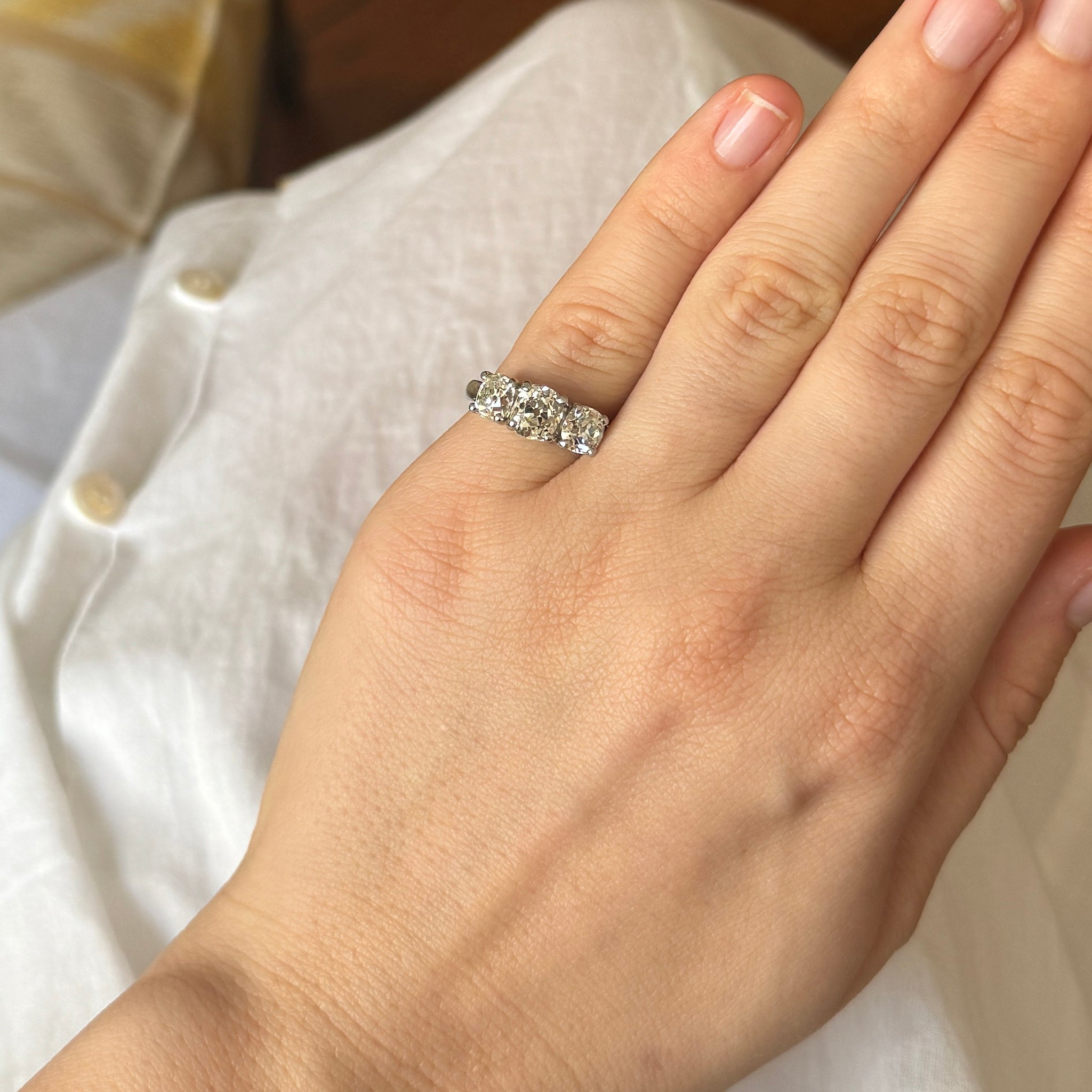 Vintage Old Mine Cut Diamond Three-Stone Platinum Ring