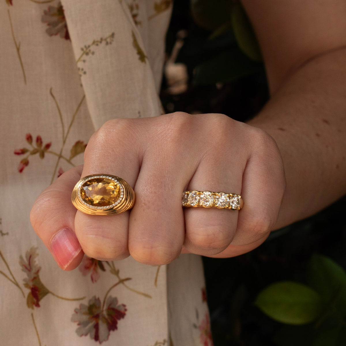 Oval Citrine & Pavé Diamond 18K Yellow Gold Ring, 2.55ctw L’Amour Crisscut Diamond 5-Stone 18K Gold Band