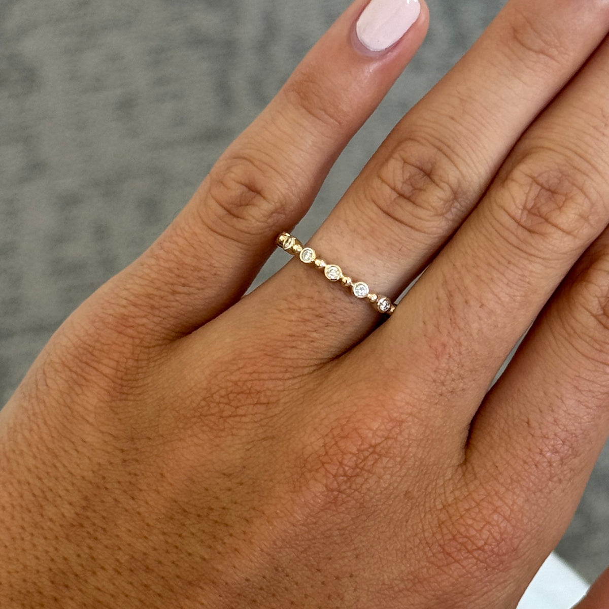 Diamond Bezel Station 14K Yellow Gold Beaded Stacking Band