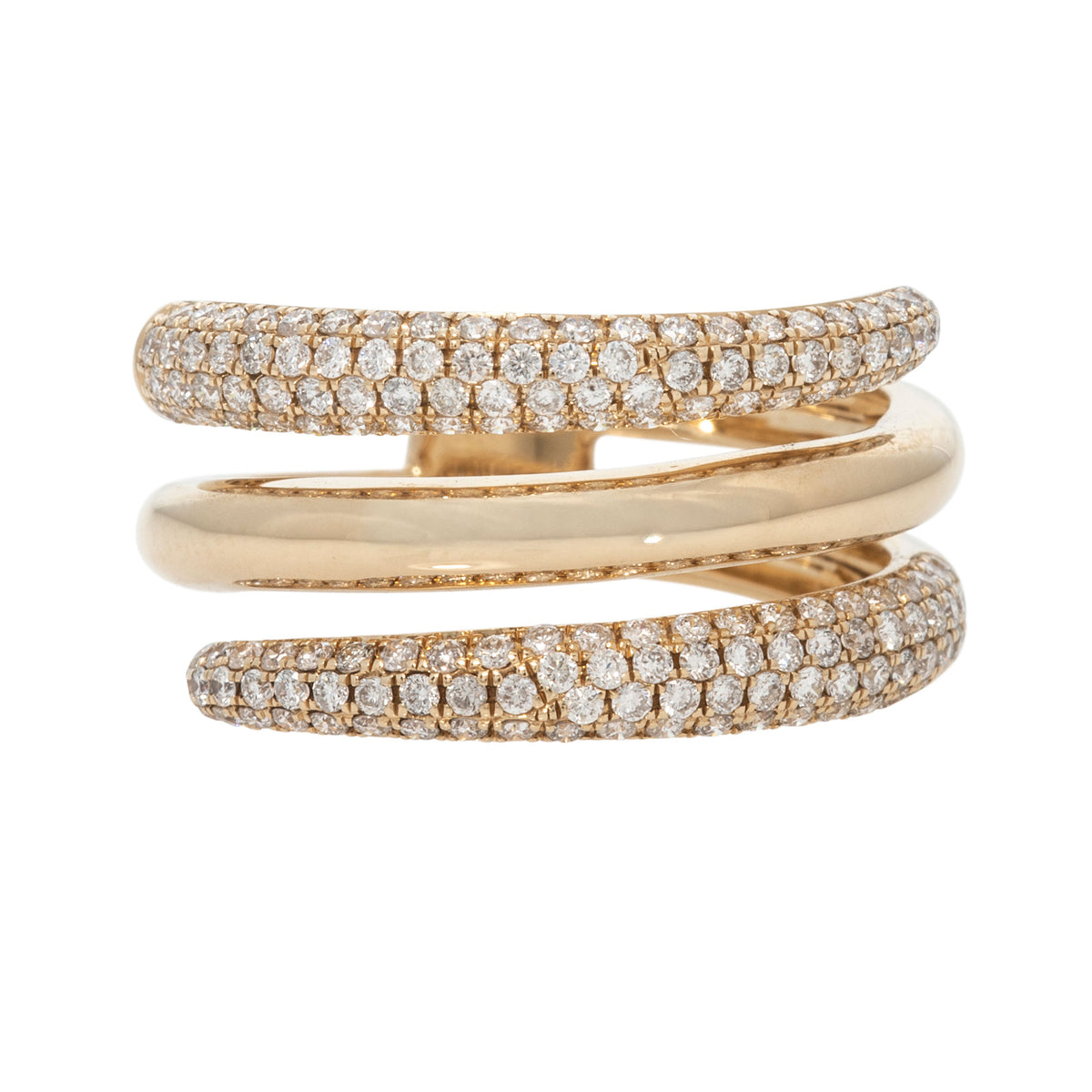 14K yellow gold bypass wrap ring with pavé diamond outer rows and a polished gold center row.