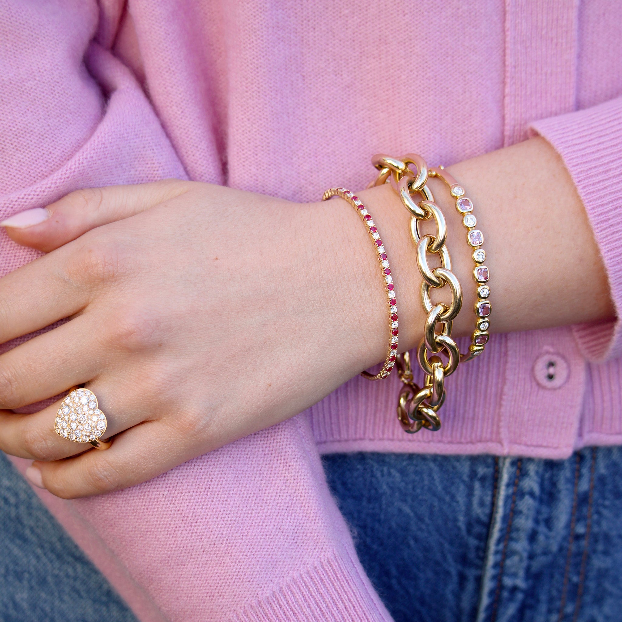 Single Stone Rose Cobblestone Ring, Ruby & Diamond 14K Yellow Gold Flexible Bangle