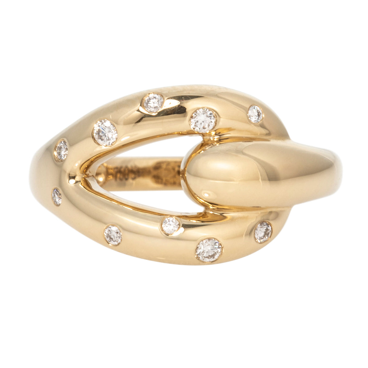 Polished 18K yellow gold pouf buckle ring with scattered flush-set round diamonds.