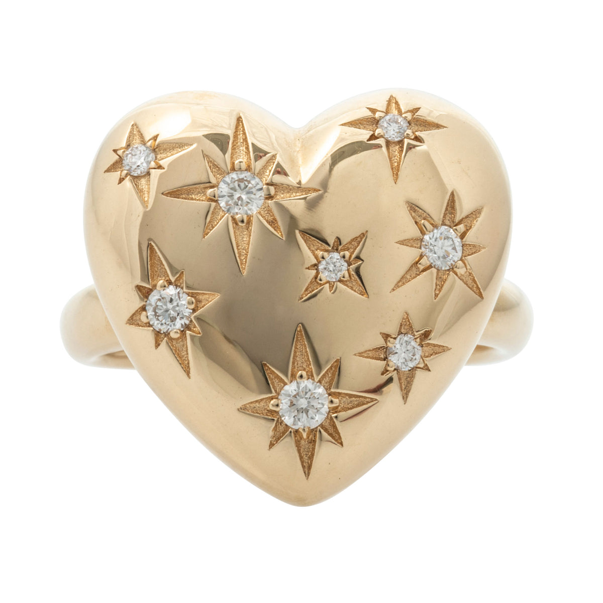 Polished 18K yellow gold pouf heart ring with scattered round diamonds in starburst settings.