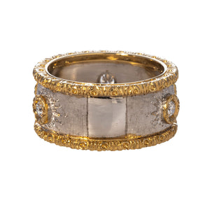 Diamond Engraved Two Tone 18K Gold Wide Cigar Band Ring