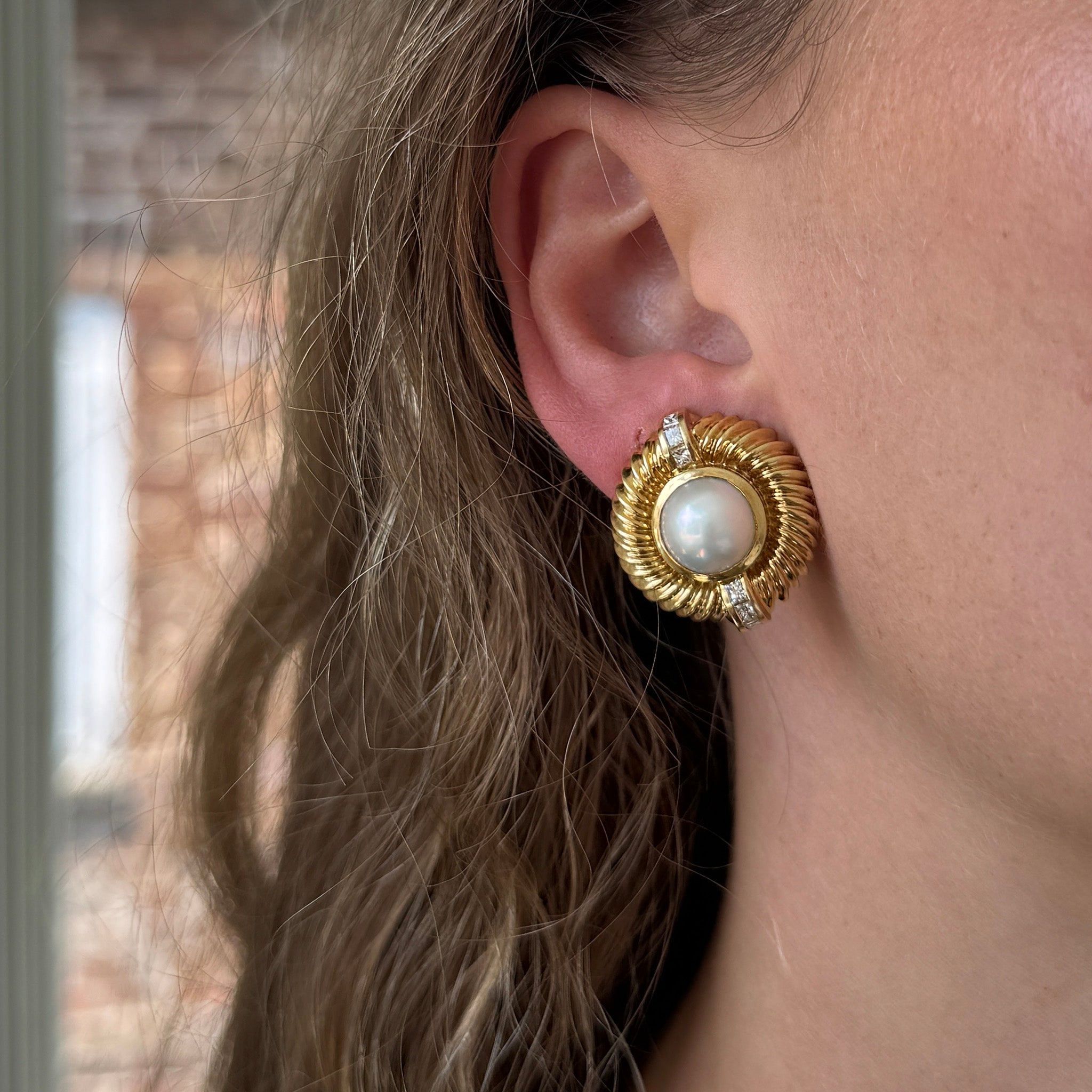 Estate Mabe Pearl & Diamond 18K Yellow Gold Earrings