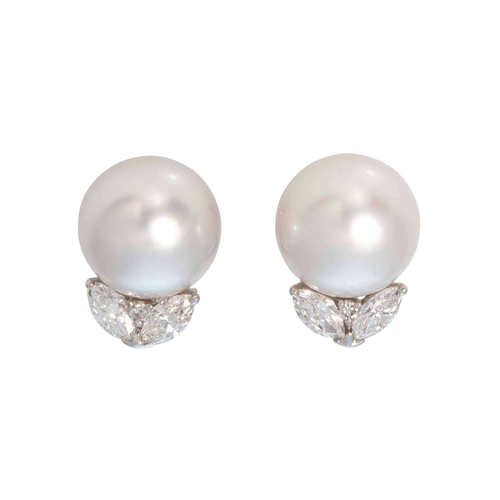 Estate South Sea Pearl & Diamond Platinum Clip Earrings