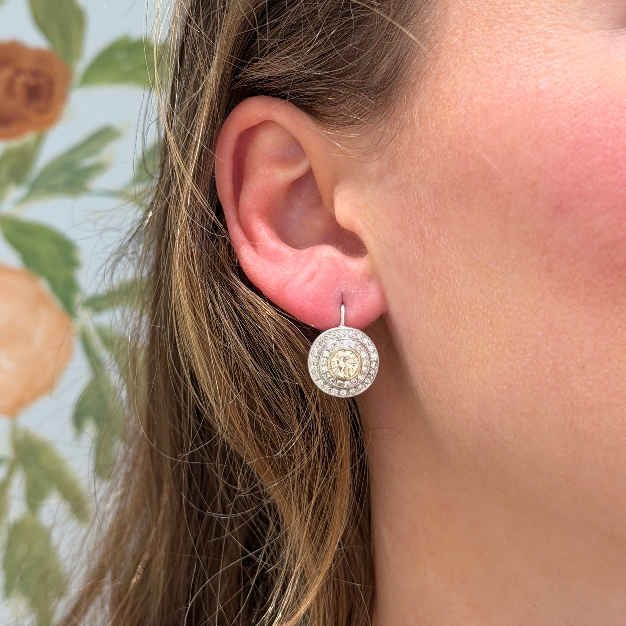 Estate 2.16ctw Diamond Double Halo 18K Gold Leverback Earrings