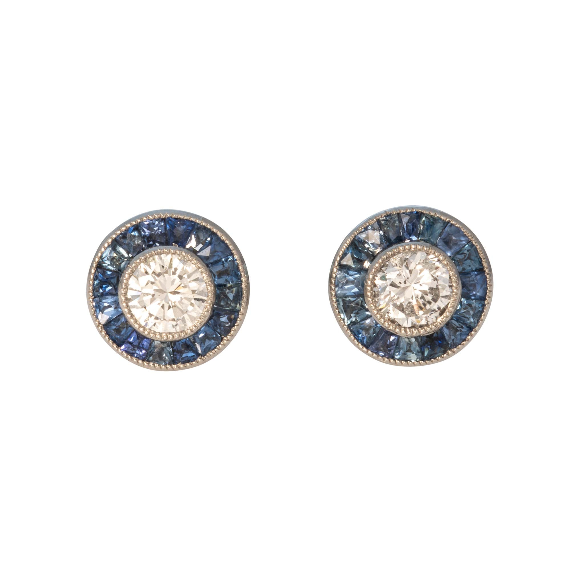 Art Deco Style Diamond & Sapphire Halo Platinum Stud Earrings