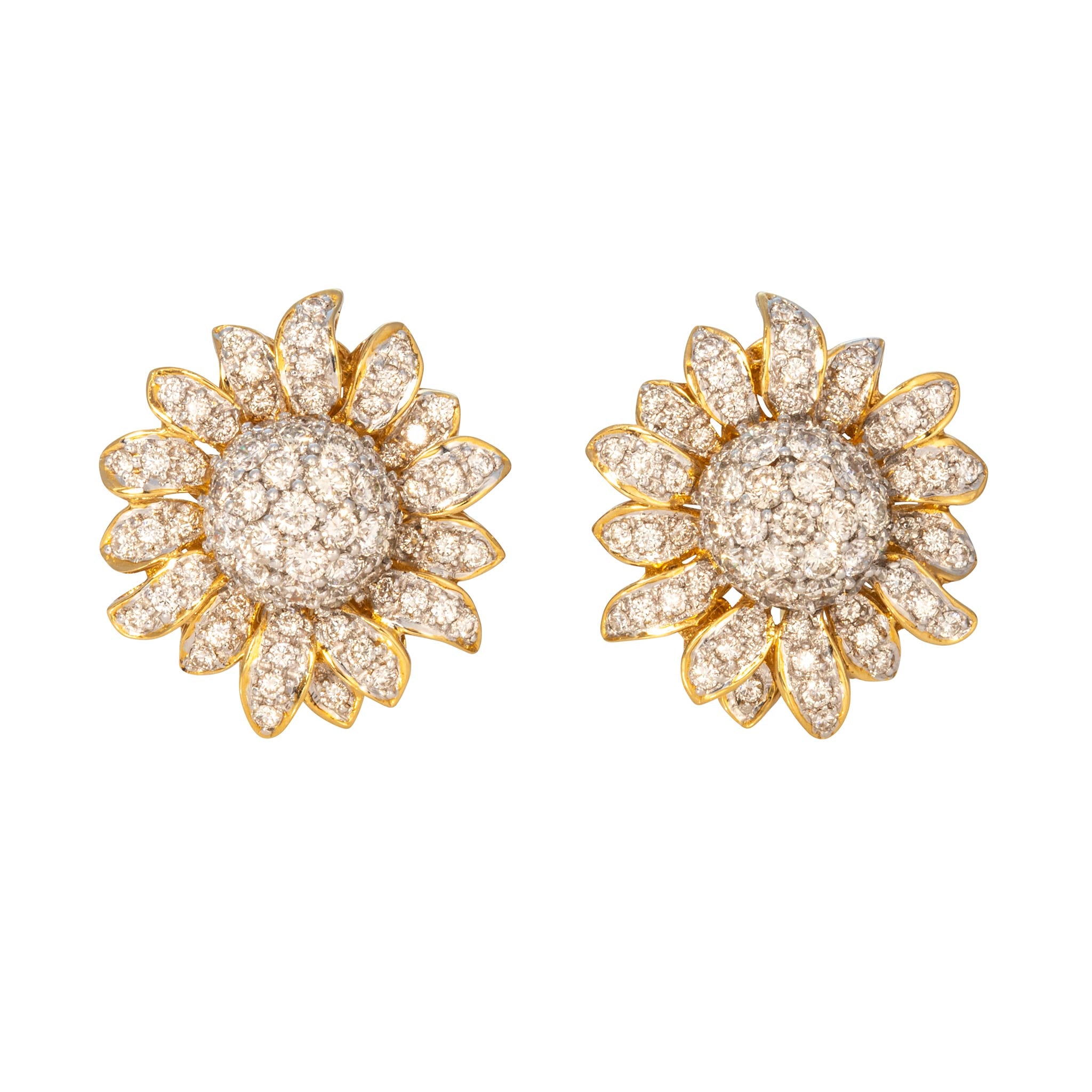 Estate 3ctw Diamond Pavé Sunflower 18K Gold Clip-On Earrings