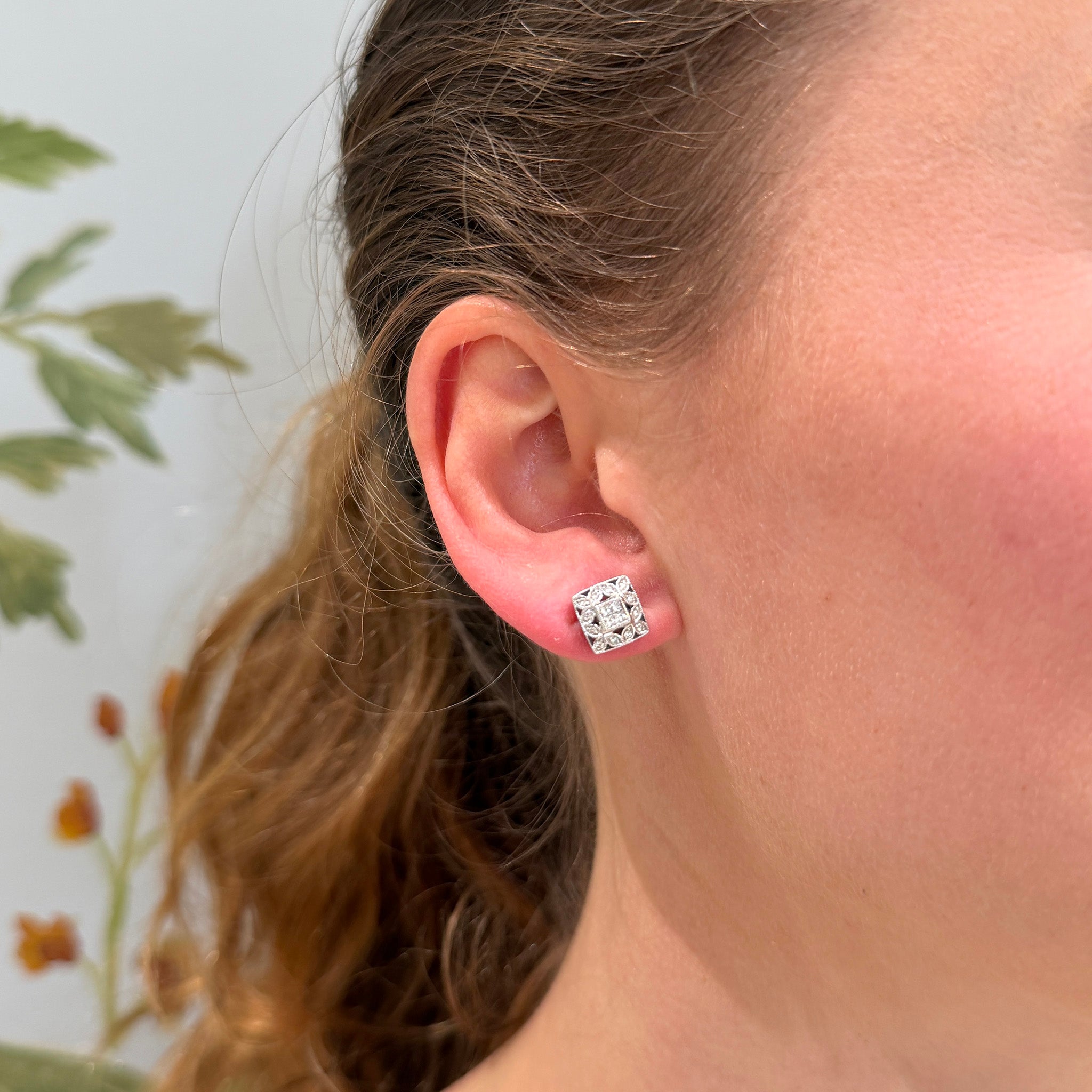 Art Deco Style Diamond 18K White Gold Square Stud Earrings