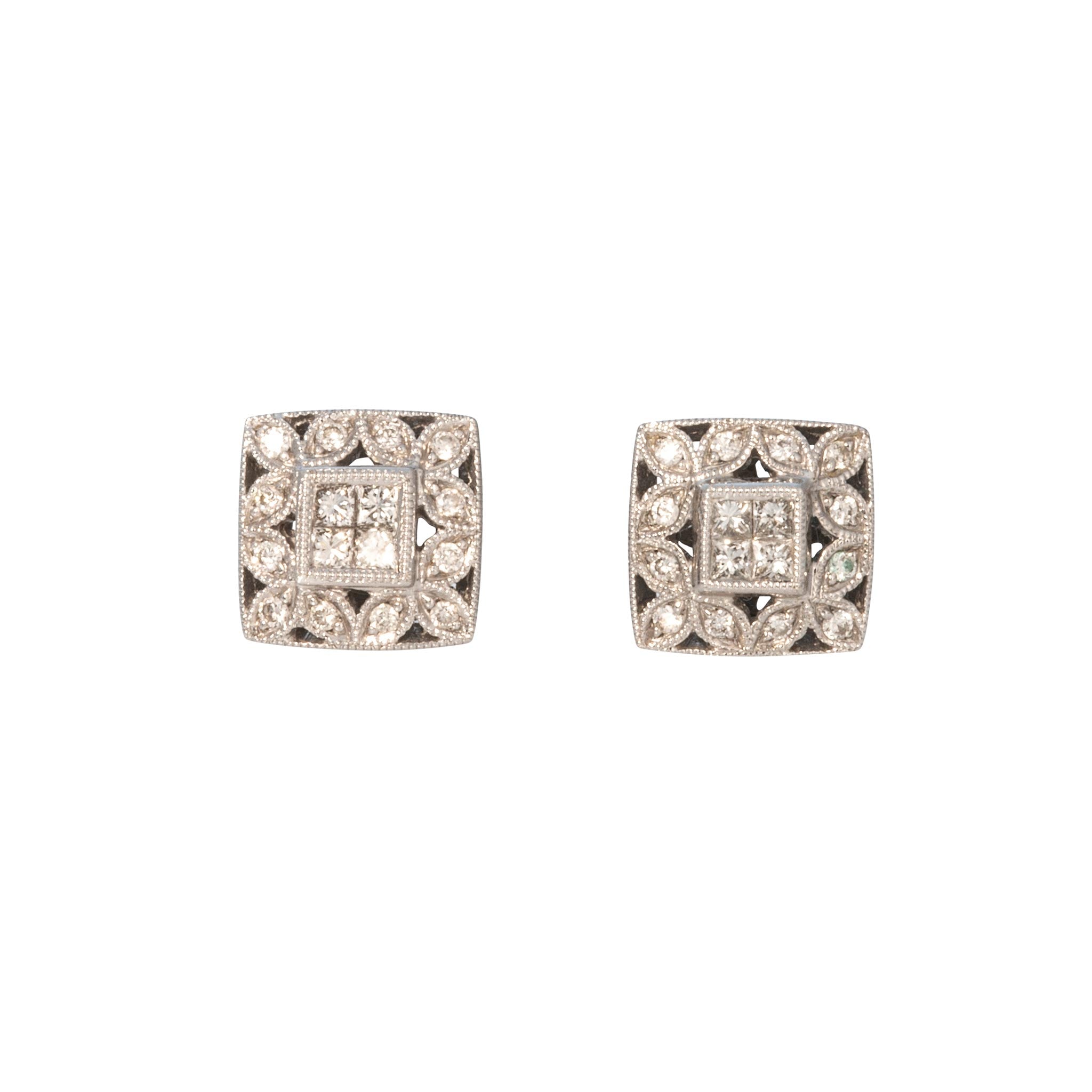 Art Deco Style Diamond 18K White Gold Square Stud Earrings