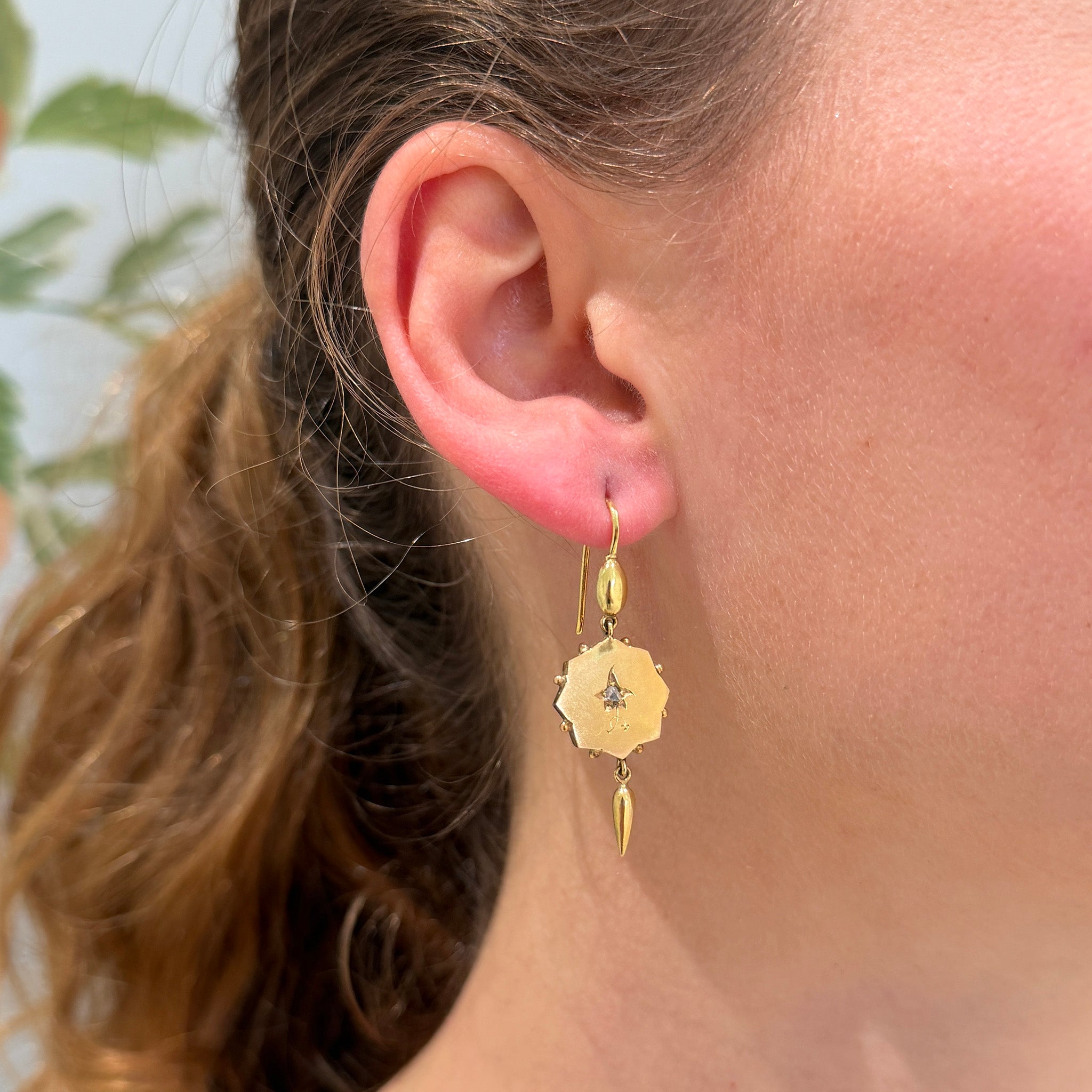 Victorian Etruscan Revival Style Diamond 15K Gold Drop Earrings