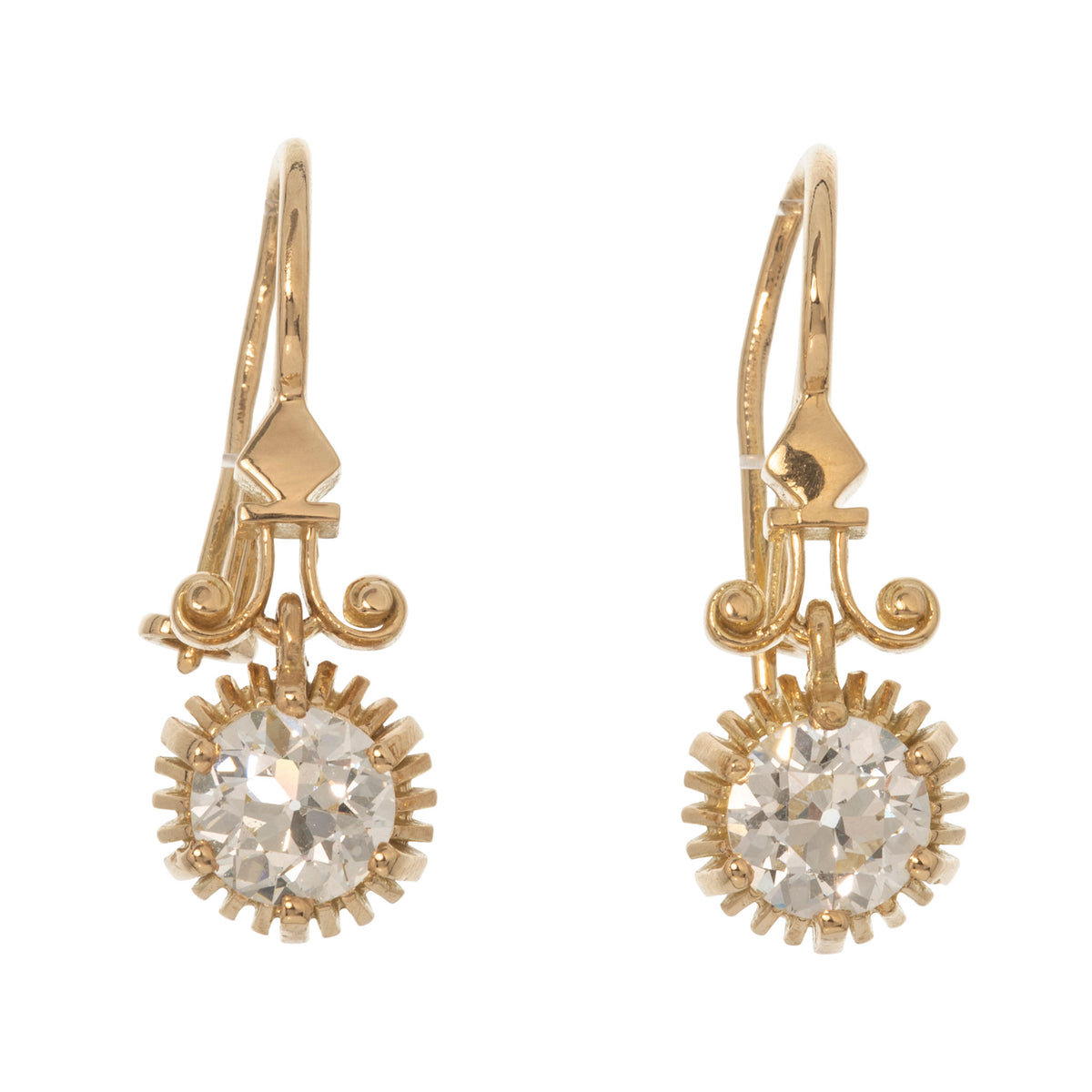 Victorian Style 2.46ctw Old European Cut Diamond 18K Gold Drop Earrings