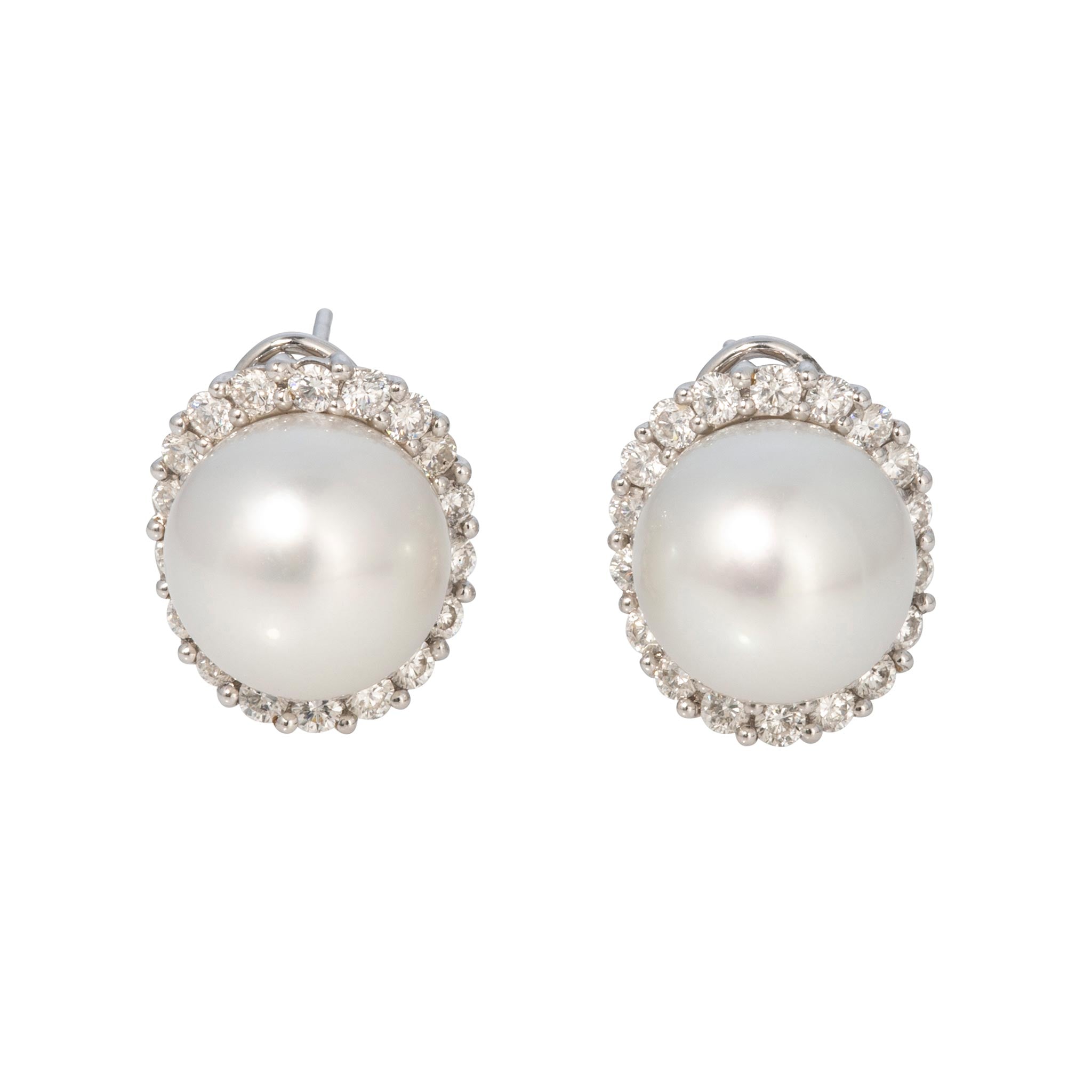 Estate Pearl & Diamond Halo 18K White Gold Earrings