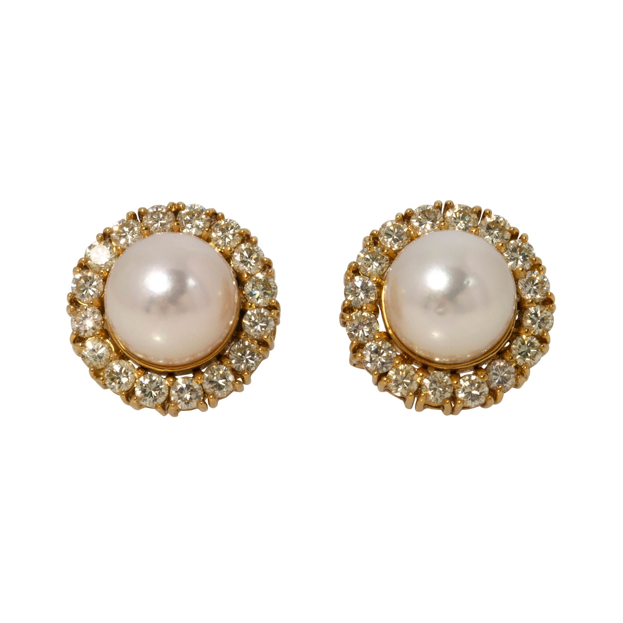 Estate Pearl & Diamond Halo 18K Yellow Gold Earrings