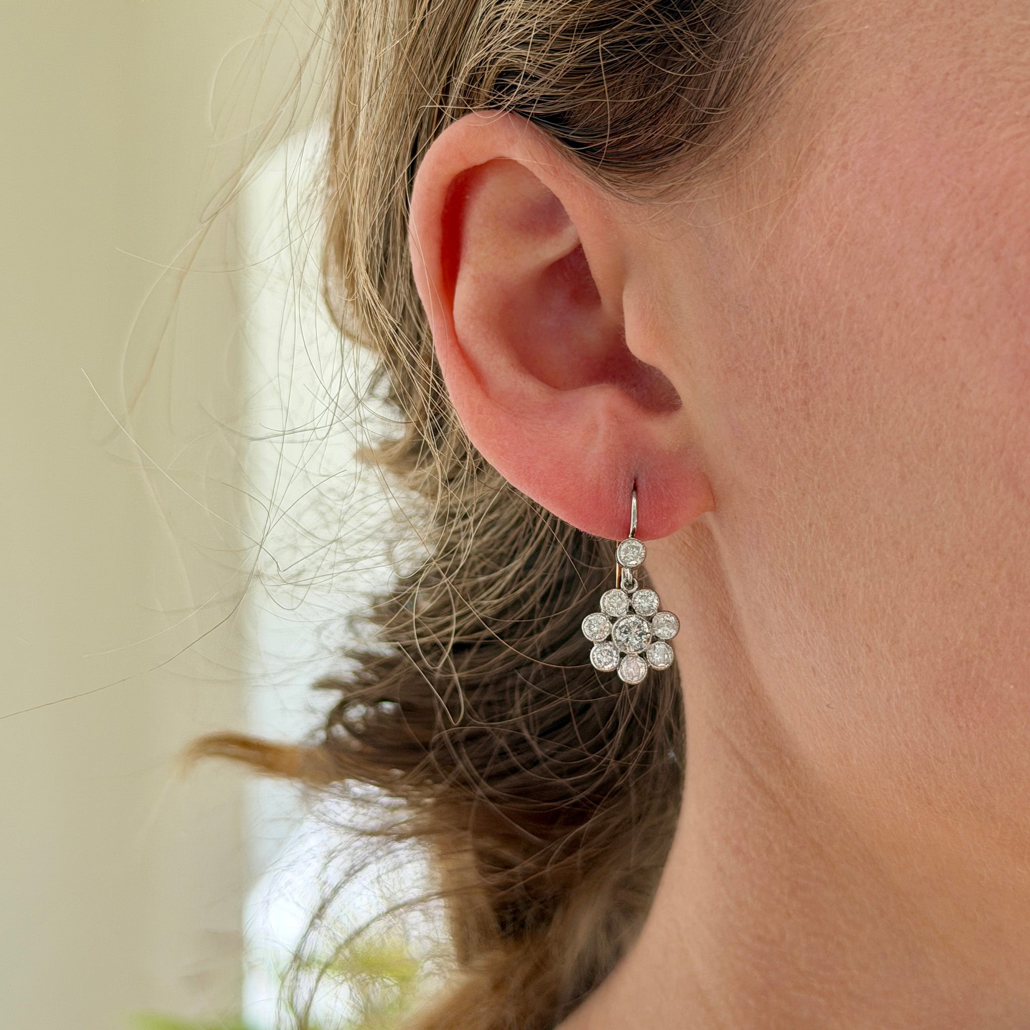 Edwardian Style Diamond Floral Platinum 14K Gold Drop Earrings