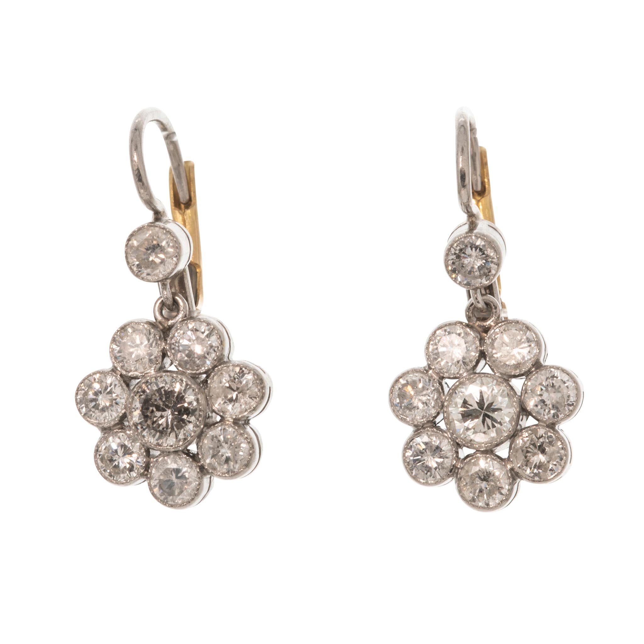 Edwardian Style Diamond Floral Platinum 14K Gold Drop Earrings