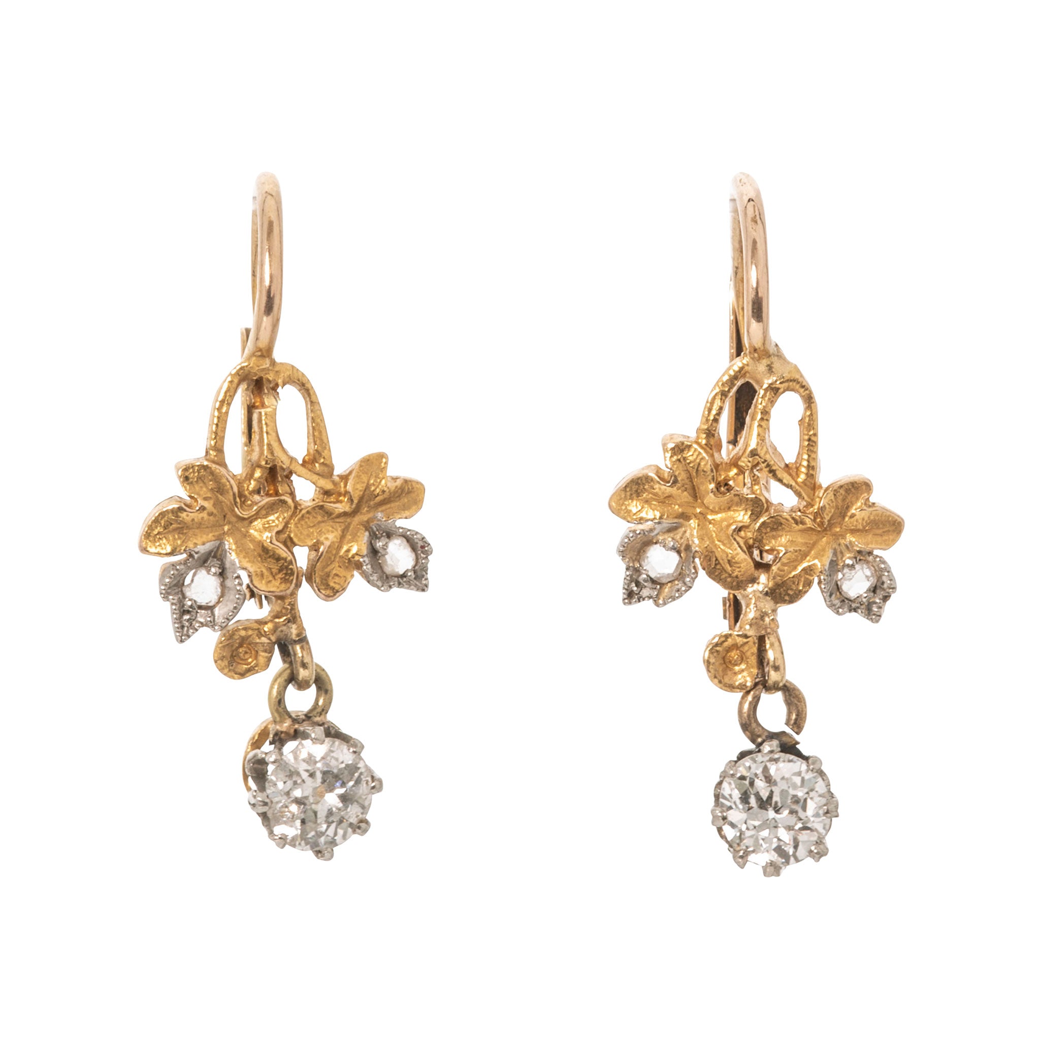 Edwardian Style Diamond Floral 18K Gold Drop Earrings