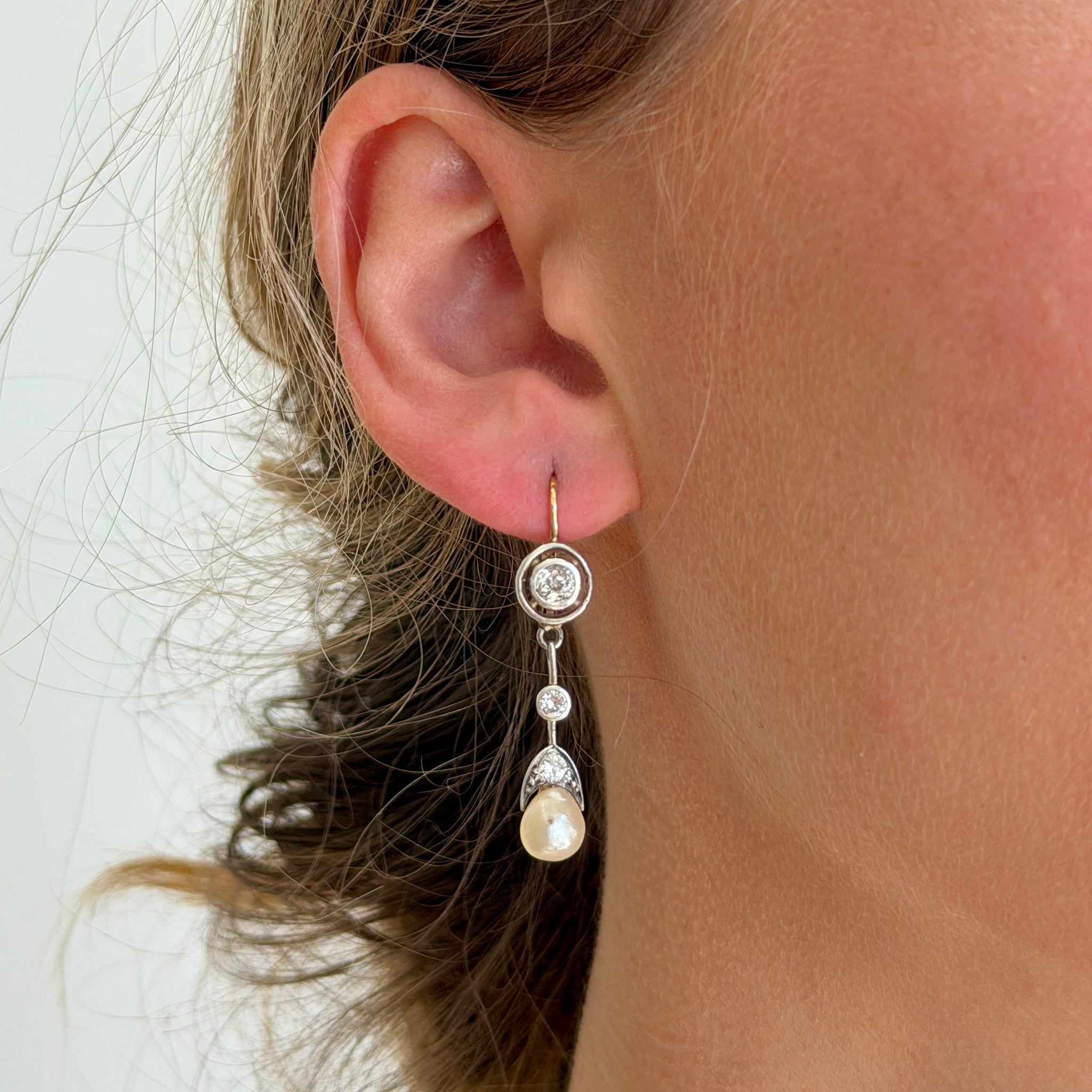 Edwardian Style Diamond & Pearl Drop Silver 18K Gold Earrings