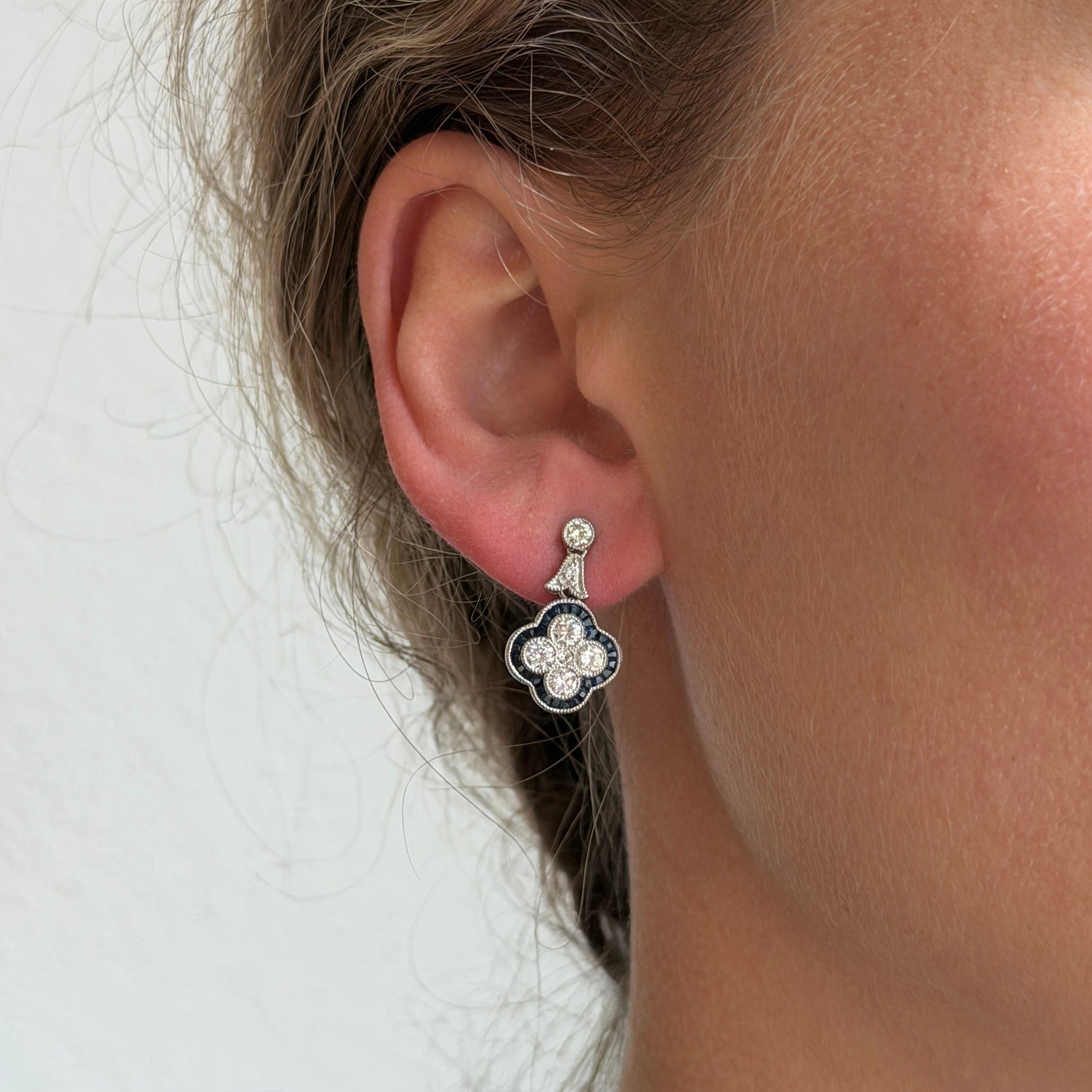 Estate Diamond & Sapphire Platinum Clover Drop Earrings