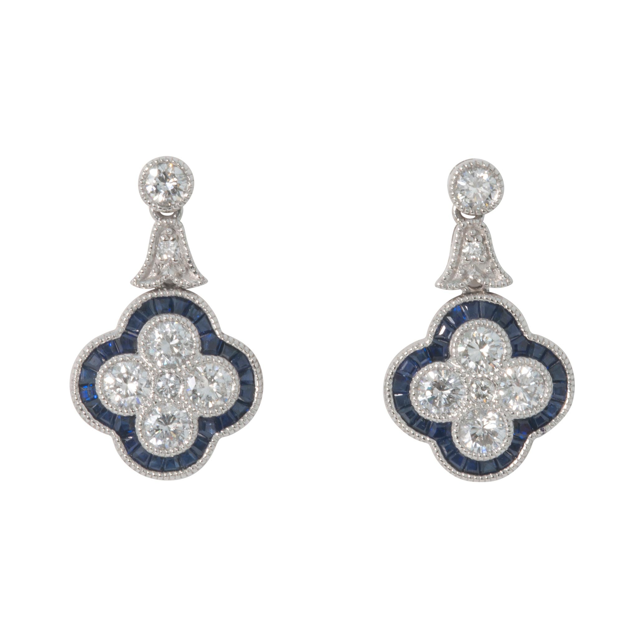 Estate Diamond & Sapphire Platinum Clover Drop Earrings
