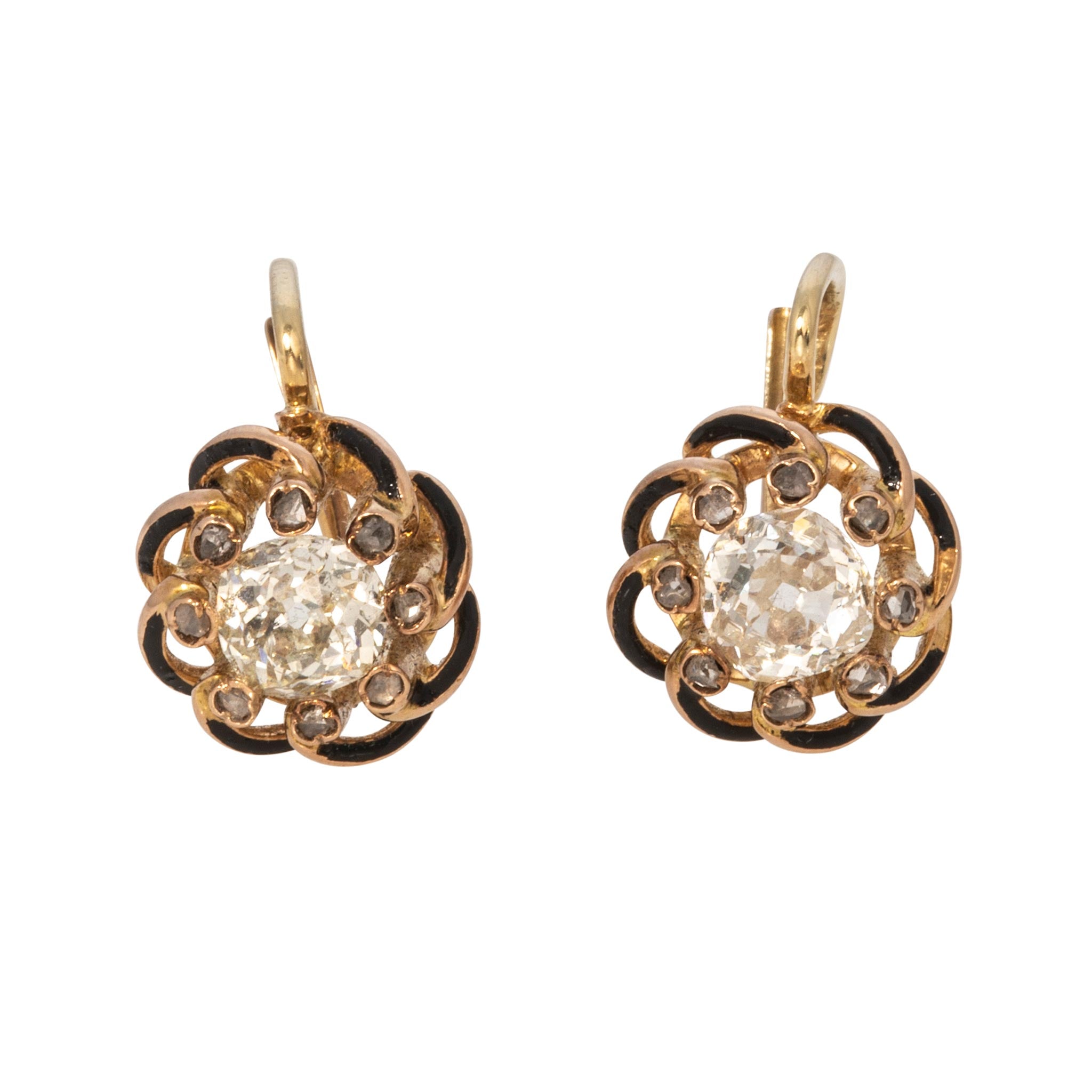 Victorian Style Old Mine Cut Diamond & Enamel 18K Gold Earrings