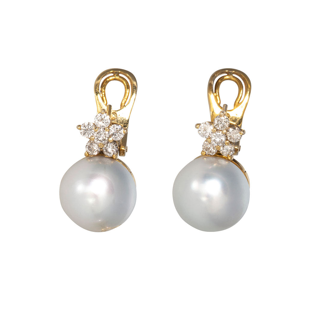 Estate South Sea Pearl & Diamond Cluster 18K Gold Earrings