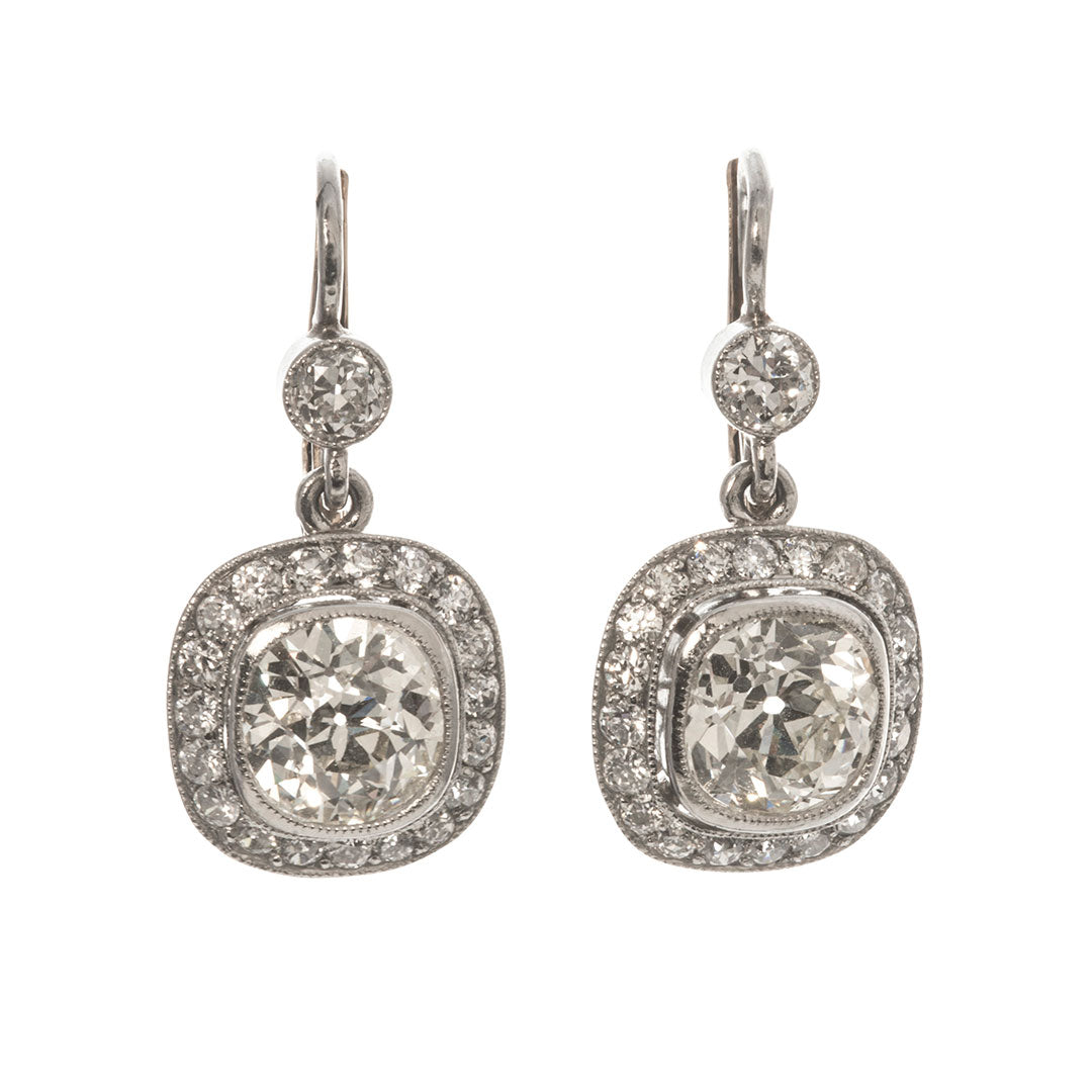 Art Deco Old Mine Cut Diamond Platinum Drop Earrings