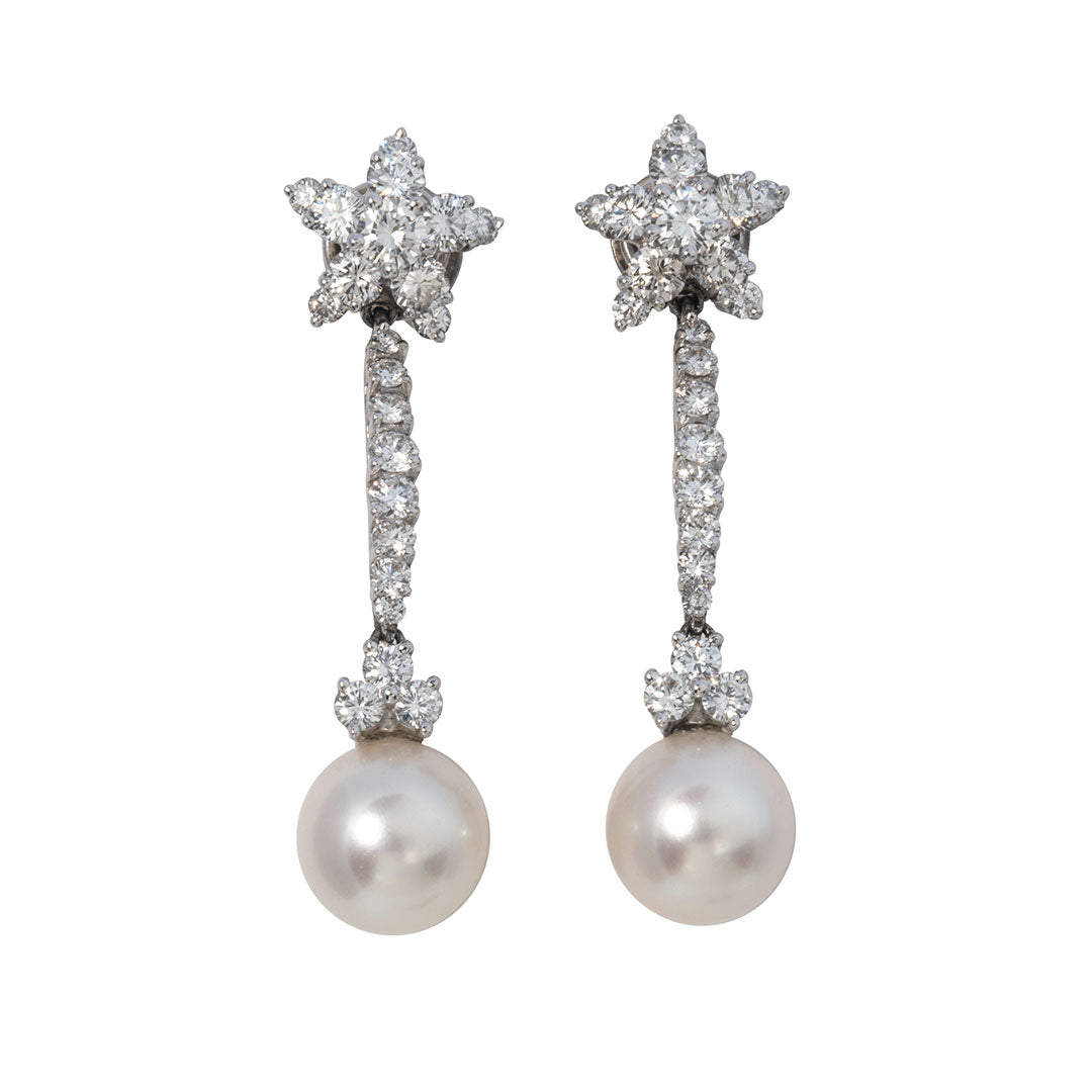 Estate 2ct Diamond & Pearl 14K White Gold Drop Earrings