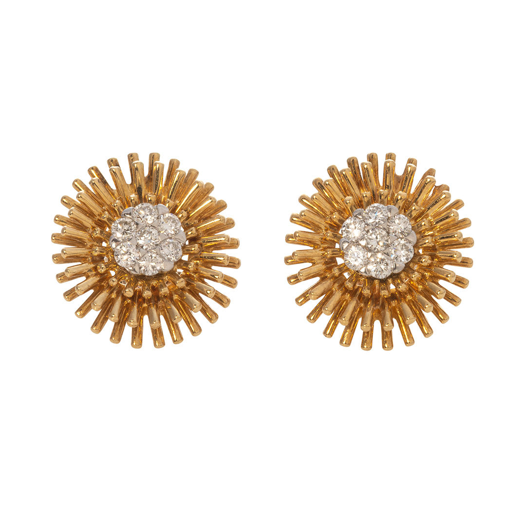 Estate Diamond Cluster 18K Gold Flower Earrings