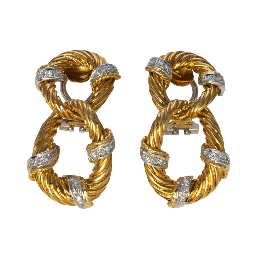 Mid Century Diamond 18K Gold Twist Double Drop Earrings