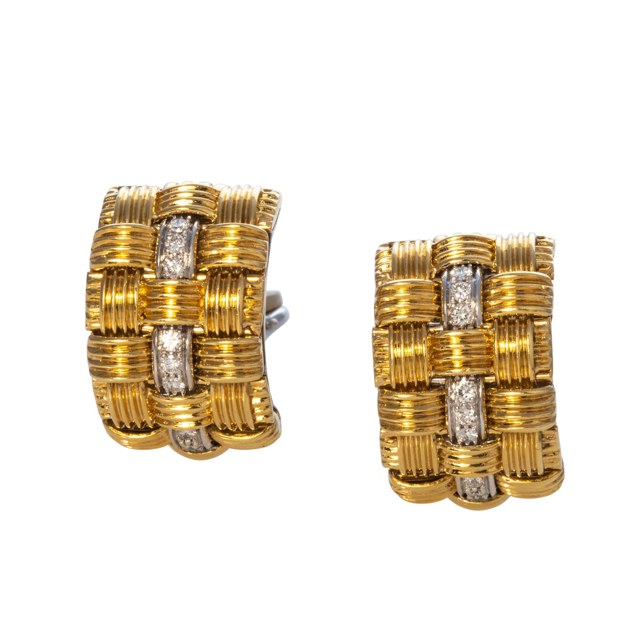 Estate 18K Gold Diamond Basketweave Clip On Earrings