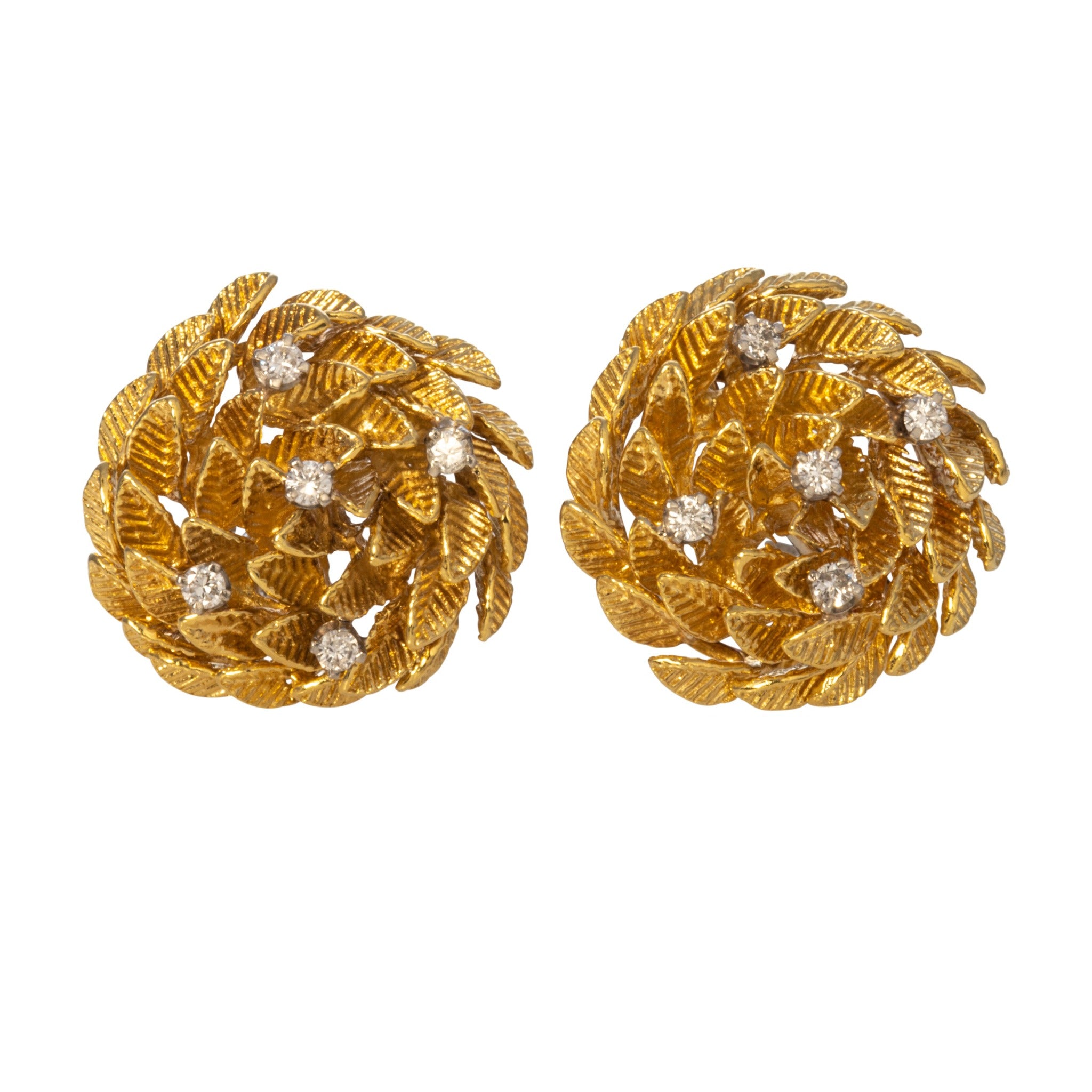 Estate Diamond 18K Yellow Gold Leaf Swirl Clip Earrings