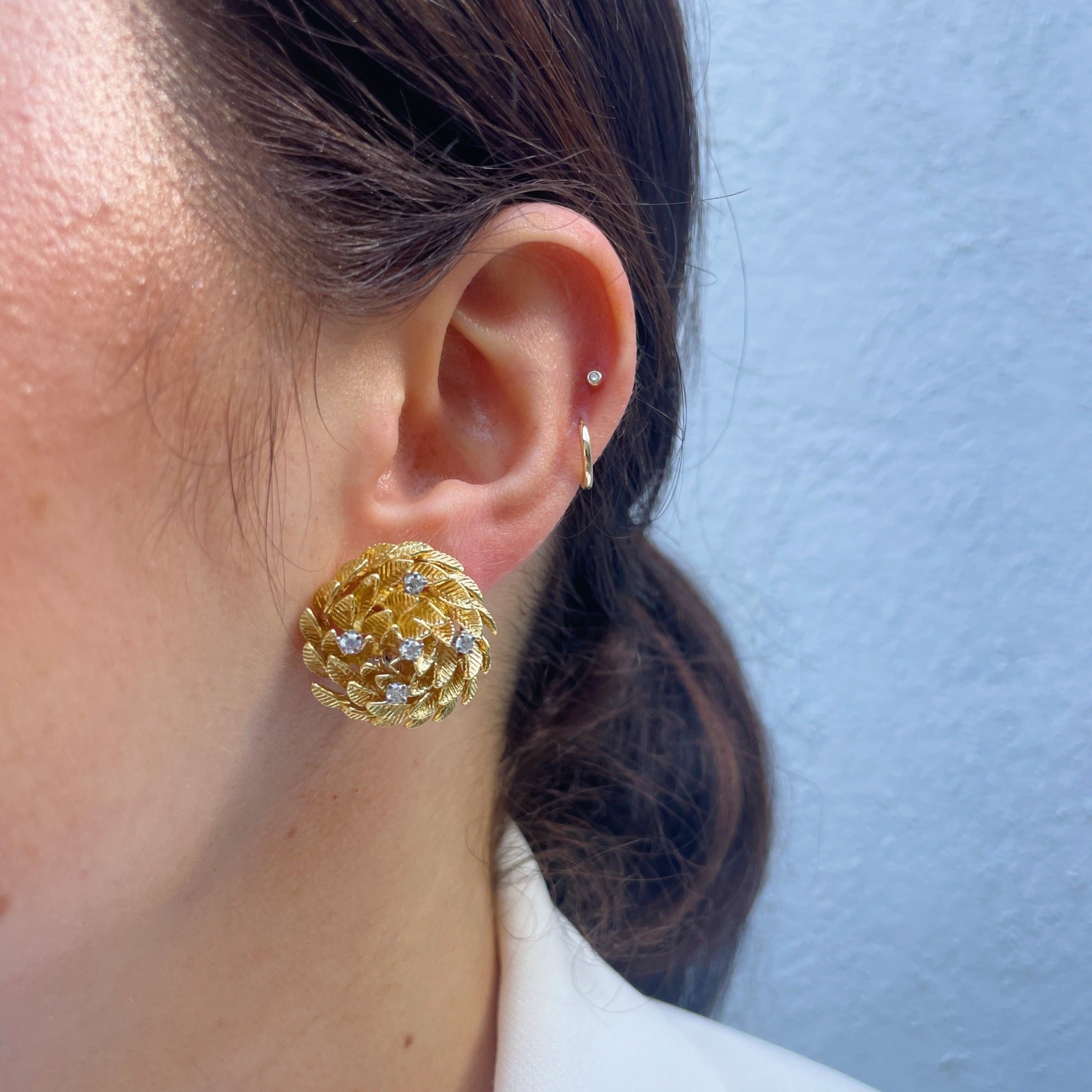 Estate Diamond 18K Yellow Gold Leaf Swirl Clip Earrings