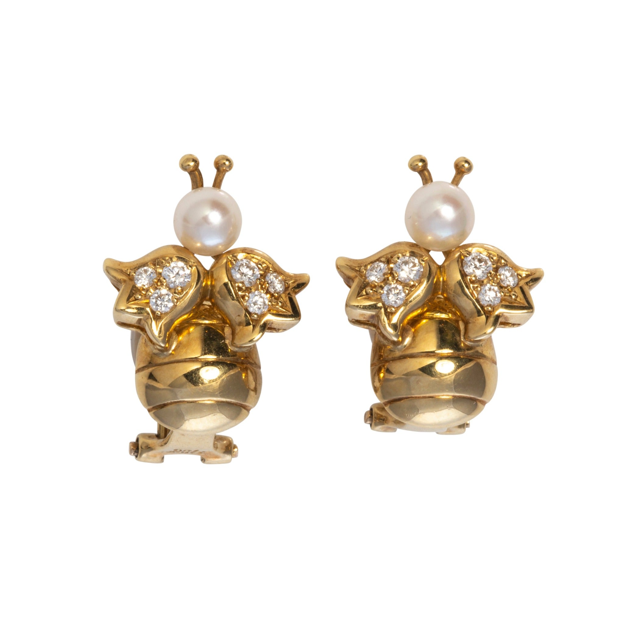 Estate Pearl & Diamond Dior Bee 18K Gold Clip On Earrings