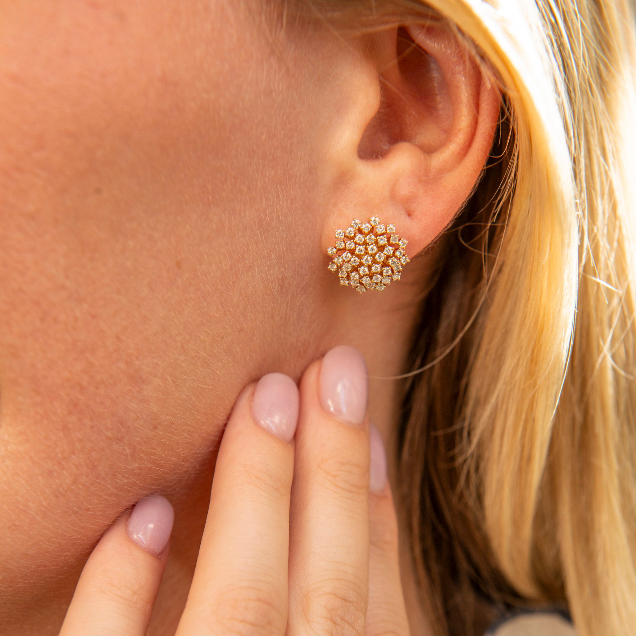 Diamond Cluster Starburst 14K Yellow Gold Stud Earrings