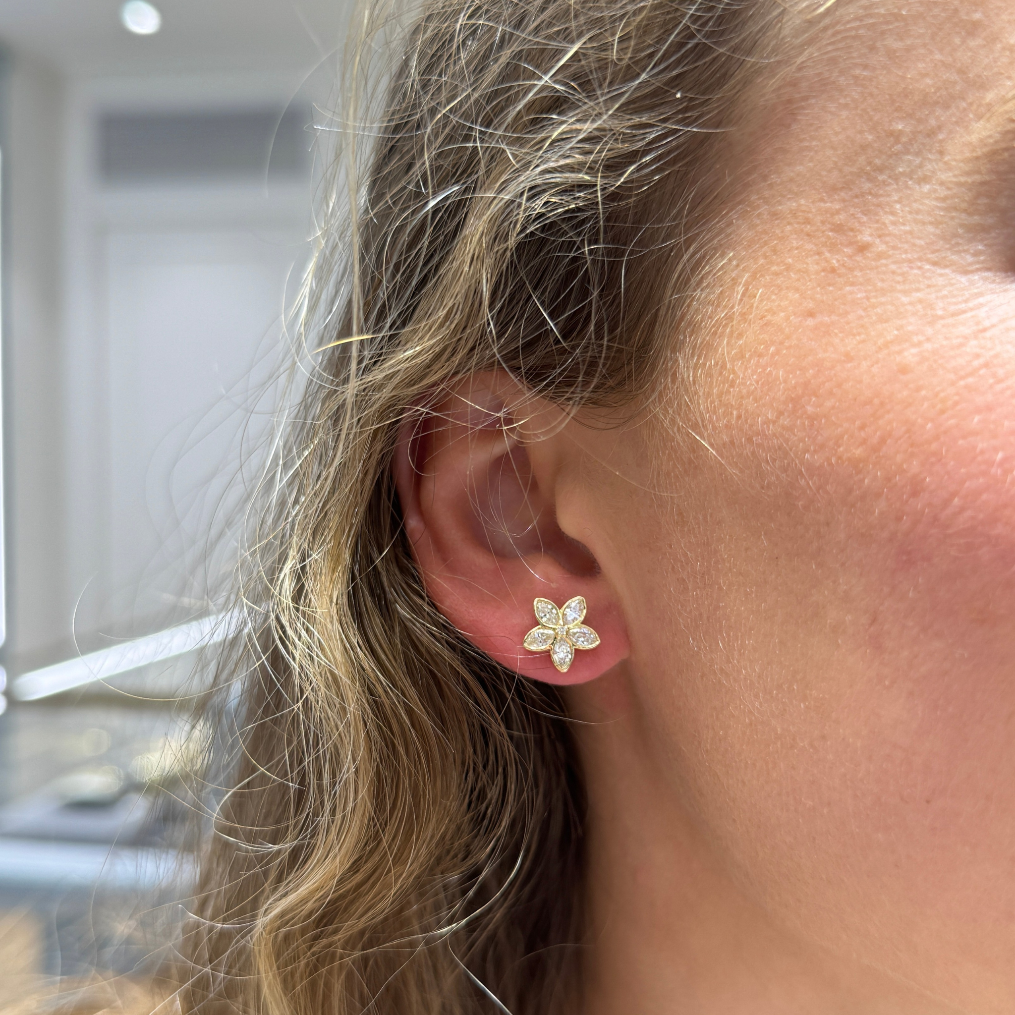 Marquise Diamond 14K Yellow Gold Flower Stud Earrings
