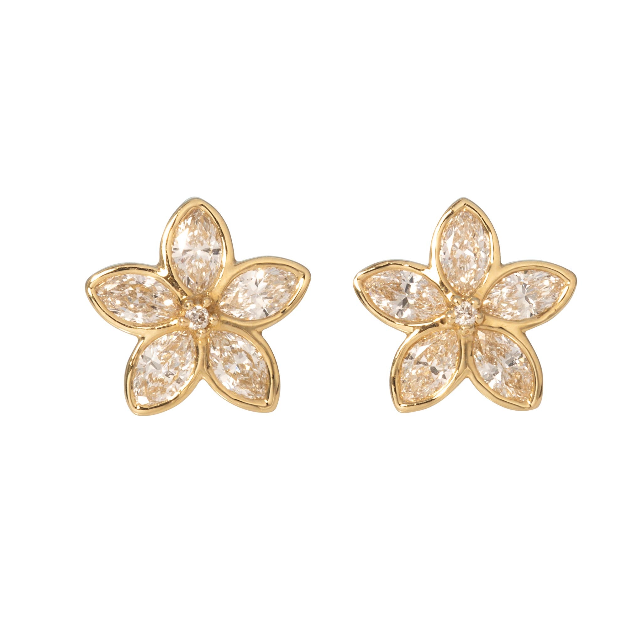 Marquise Diamond 14K Yellow Gold Flower Stud Earrings